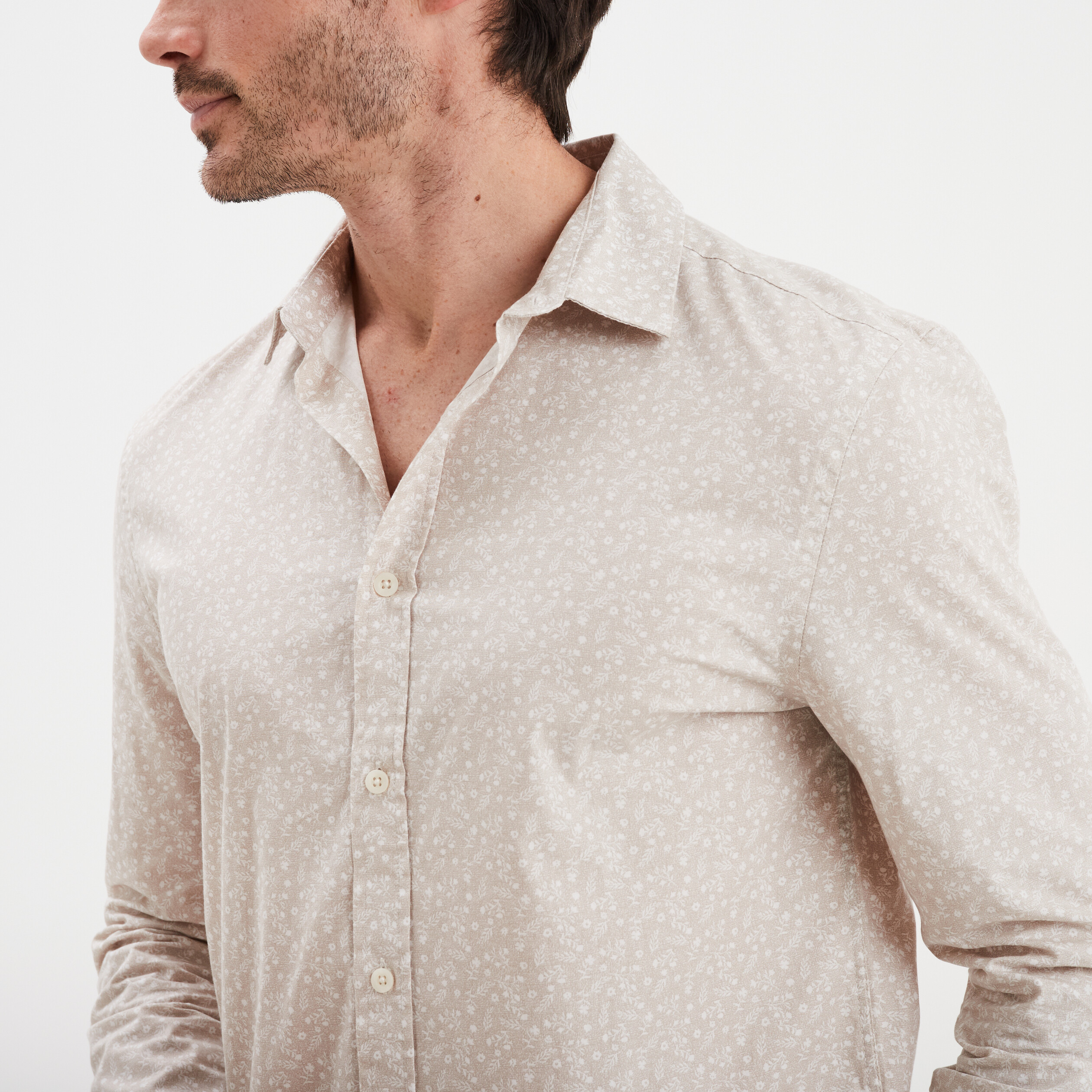 Chemise droite imprimée manches longues beige homme