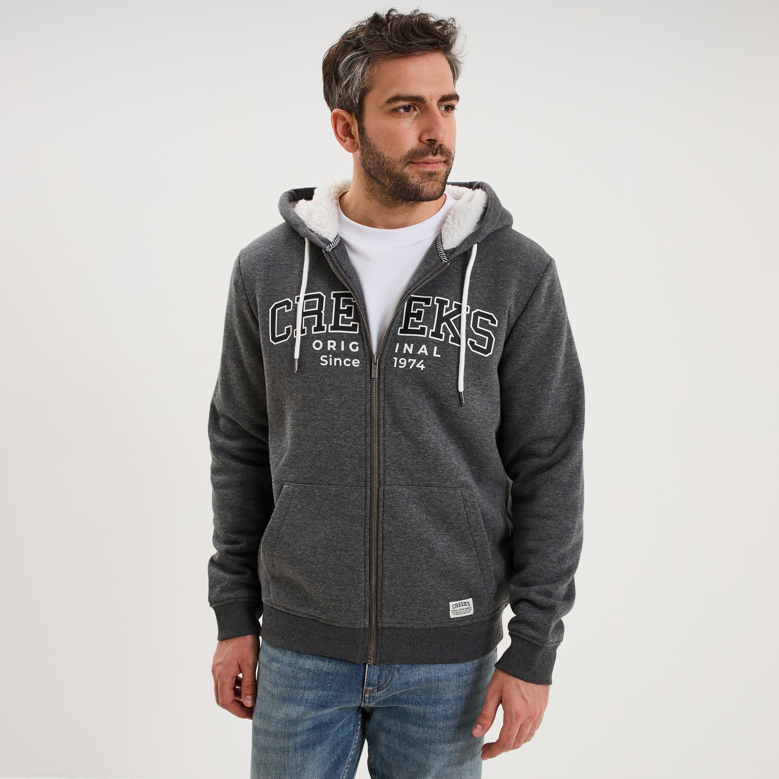 Sweat zipp&eacute; &agrave; capuche doubl&eacute; gris fonc&eacute; homme