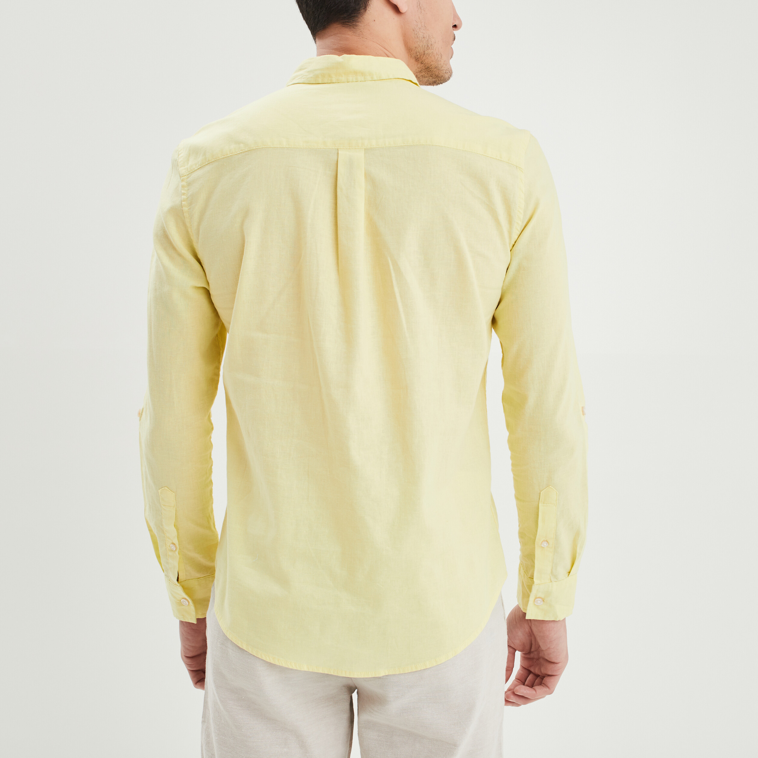 chemise manches longues lin melange jaune clair homme Chemise manches longues lin mélangé jaune clair homme