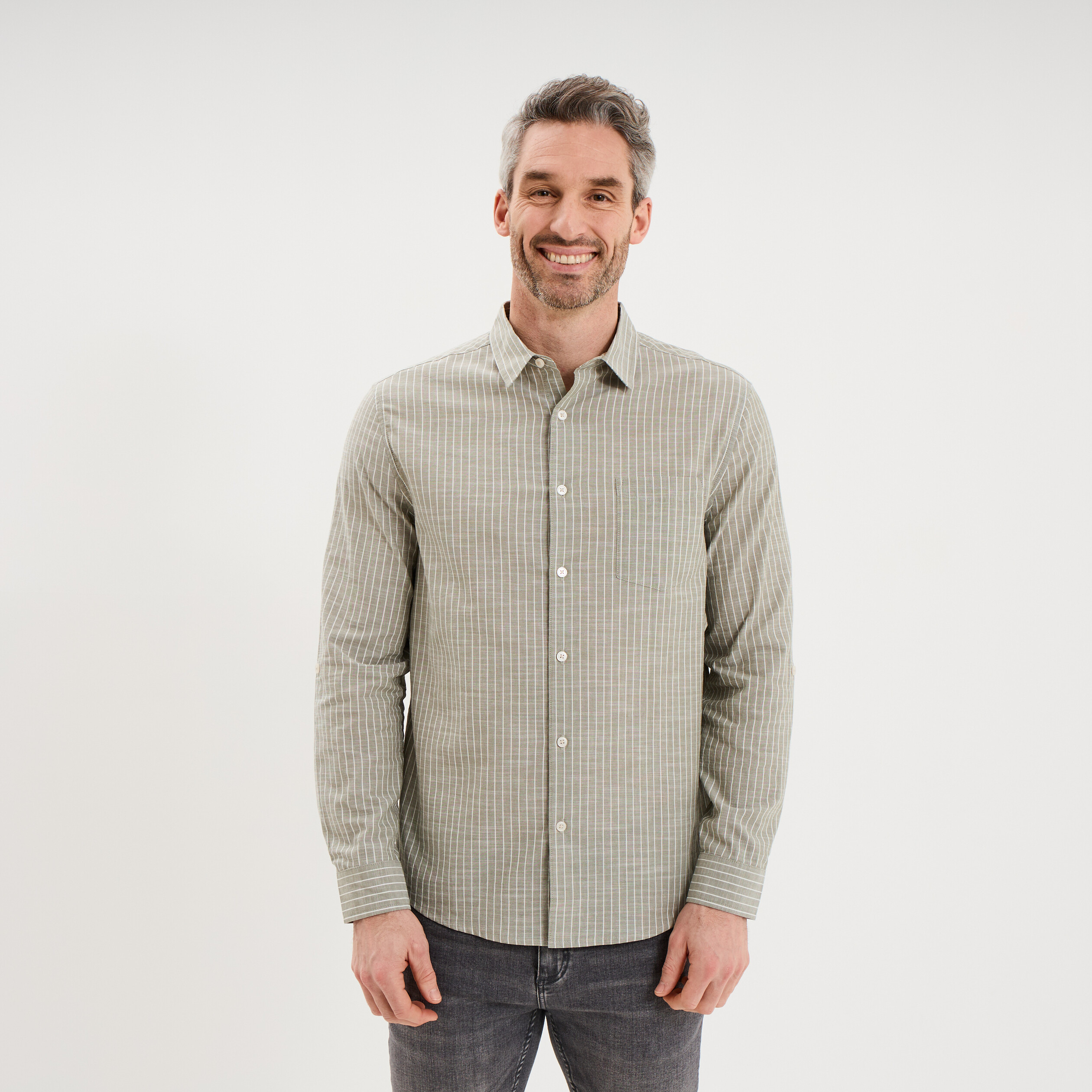 Chemise manches longues coton vert kaki homme