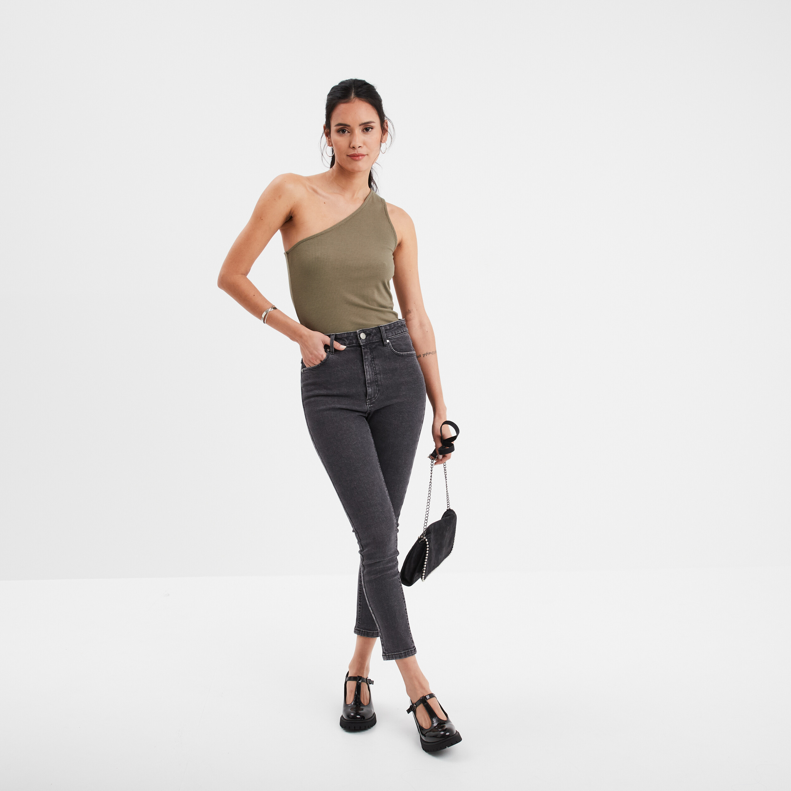 debardeur asymetrique cotele vert kaki femme Débardeur asymétrique côtelé vert kaki femme