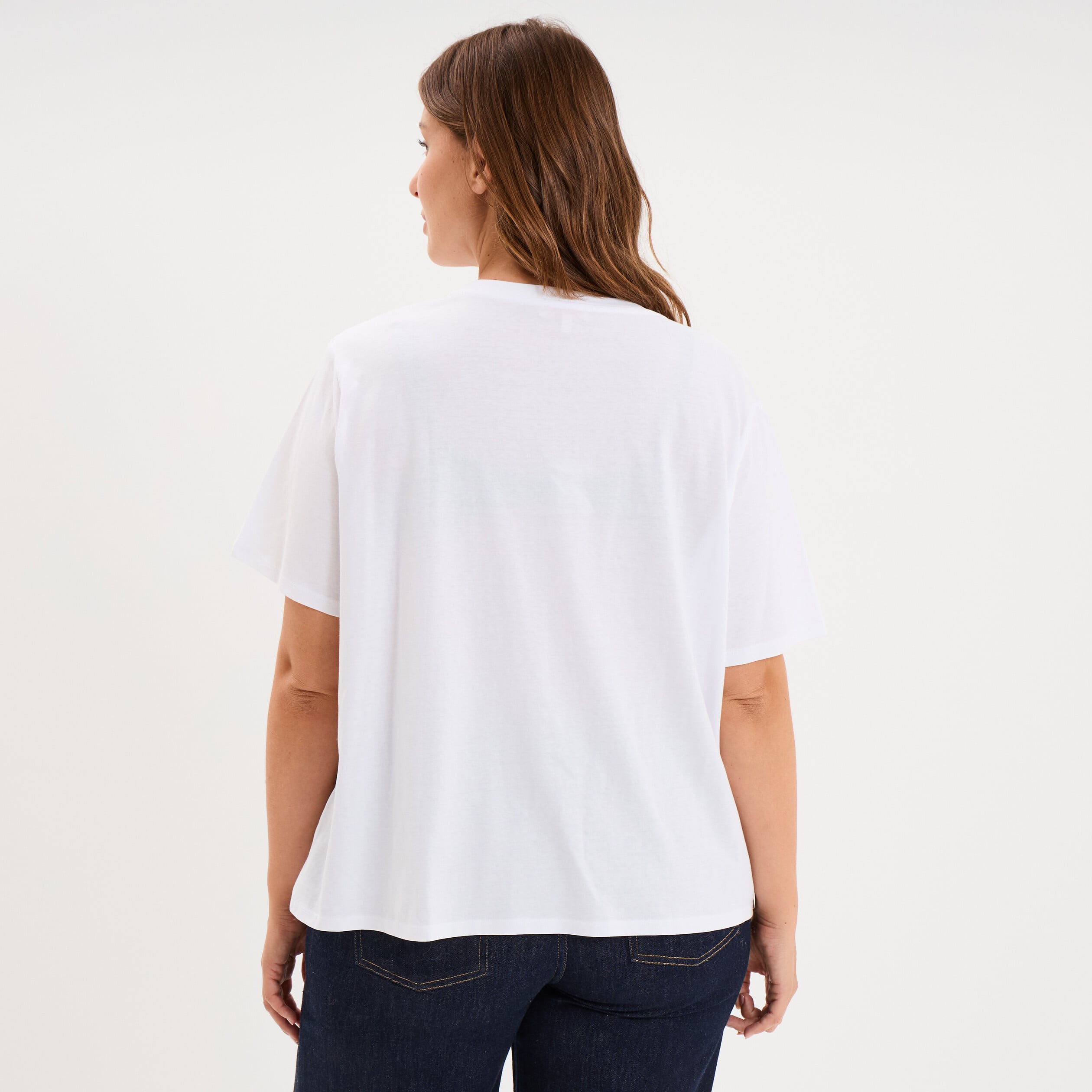 T-shirt manches courtes coton &agrave; col rond blanc femme grande taille