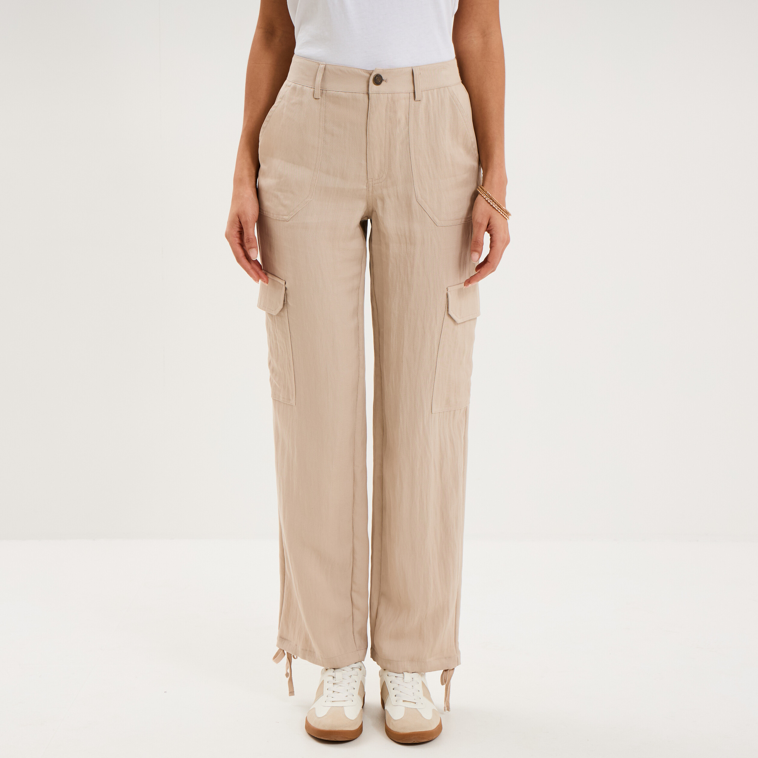 Pantalon cargo taille &eacute;lastiqu&eacute;e lyocell beige femme