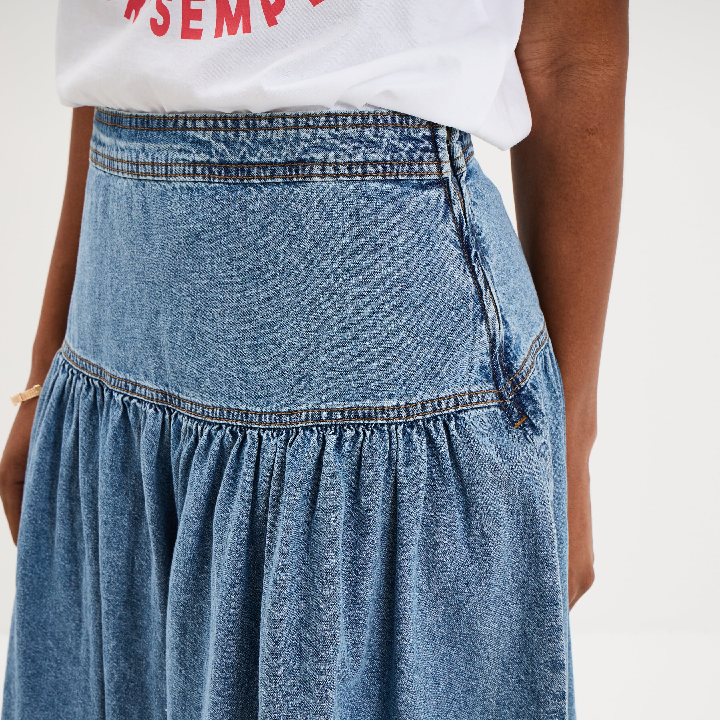 Jupe longue en jean large coton denim stone femme