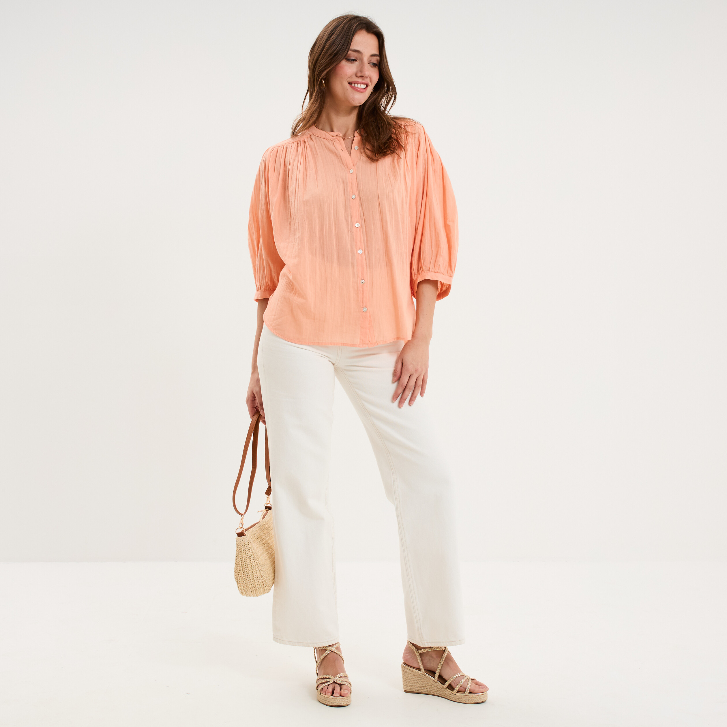 Blouse fluide oversize manches 3/4 coton rose saumon femme