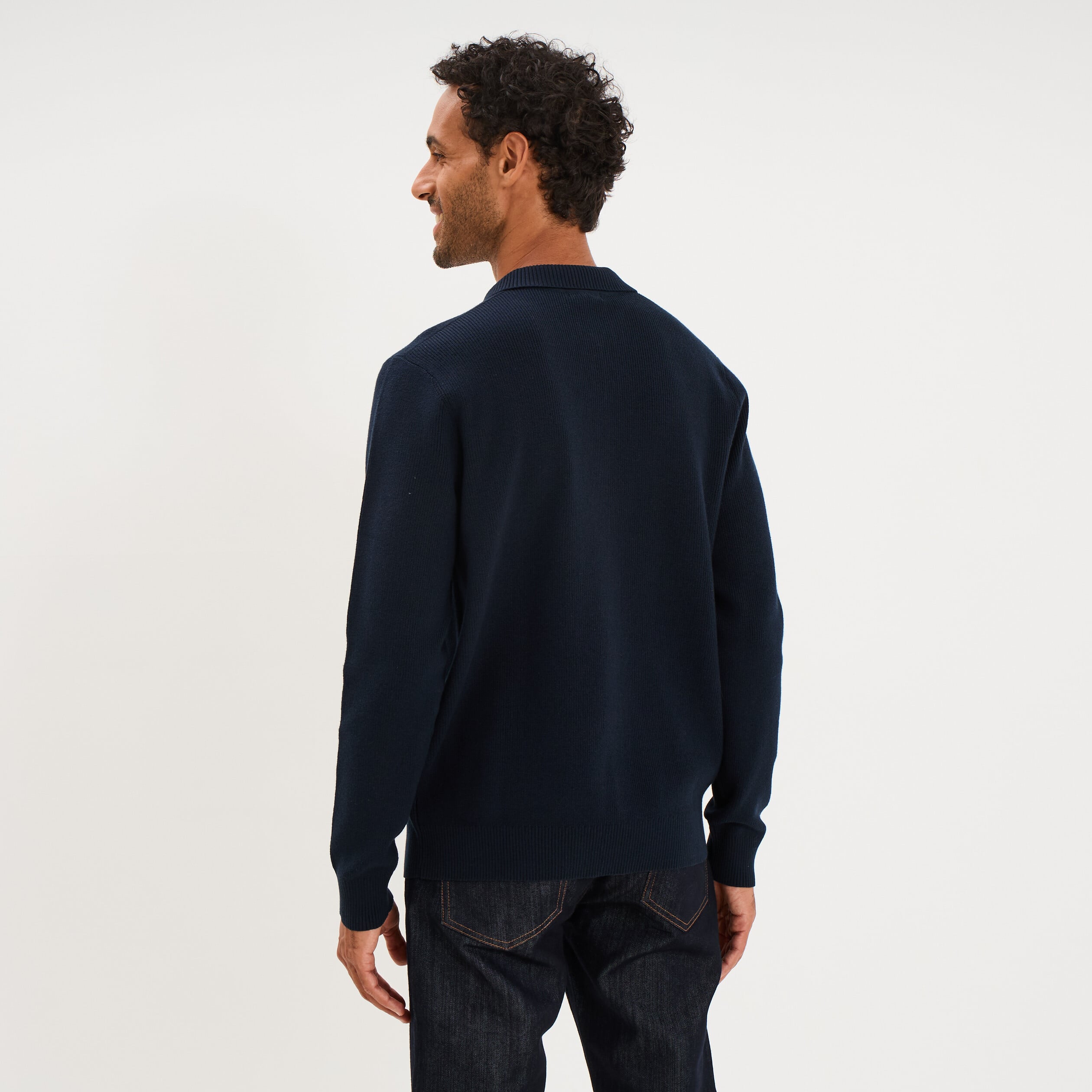 Pull col polo zipp&eacute; manches longues bleu marine homme