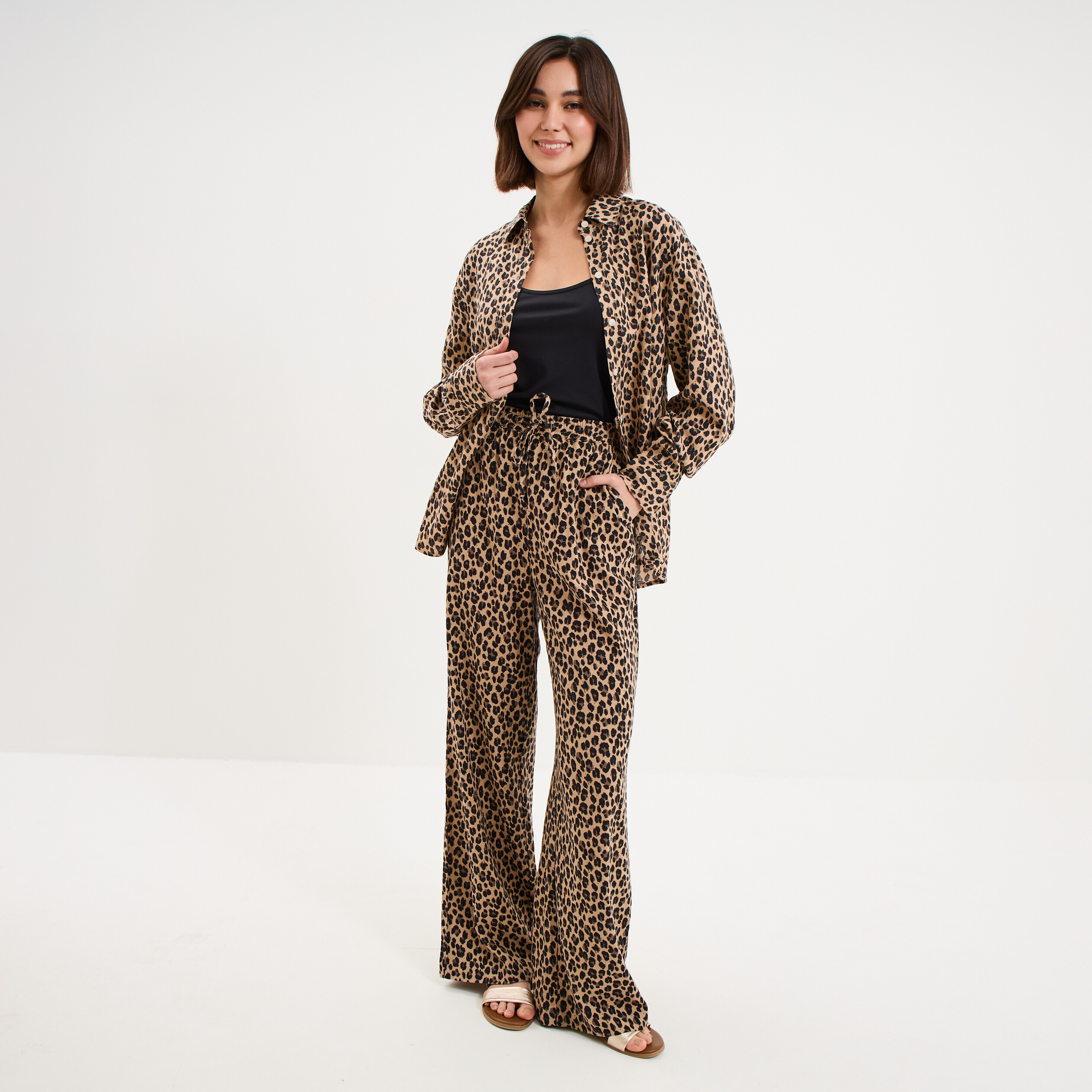 Pantalon large lin m&eacute;lang&eacute; beige clair femme
