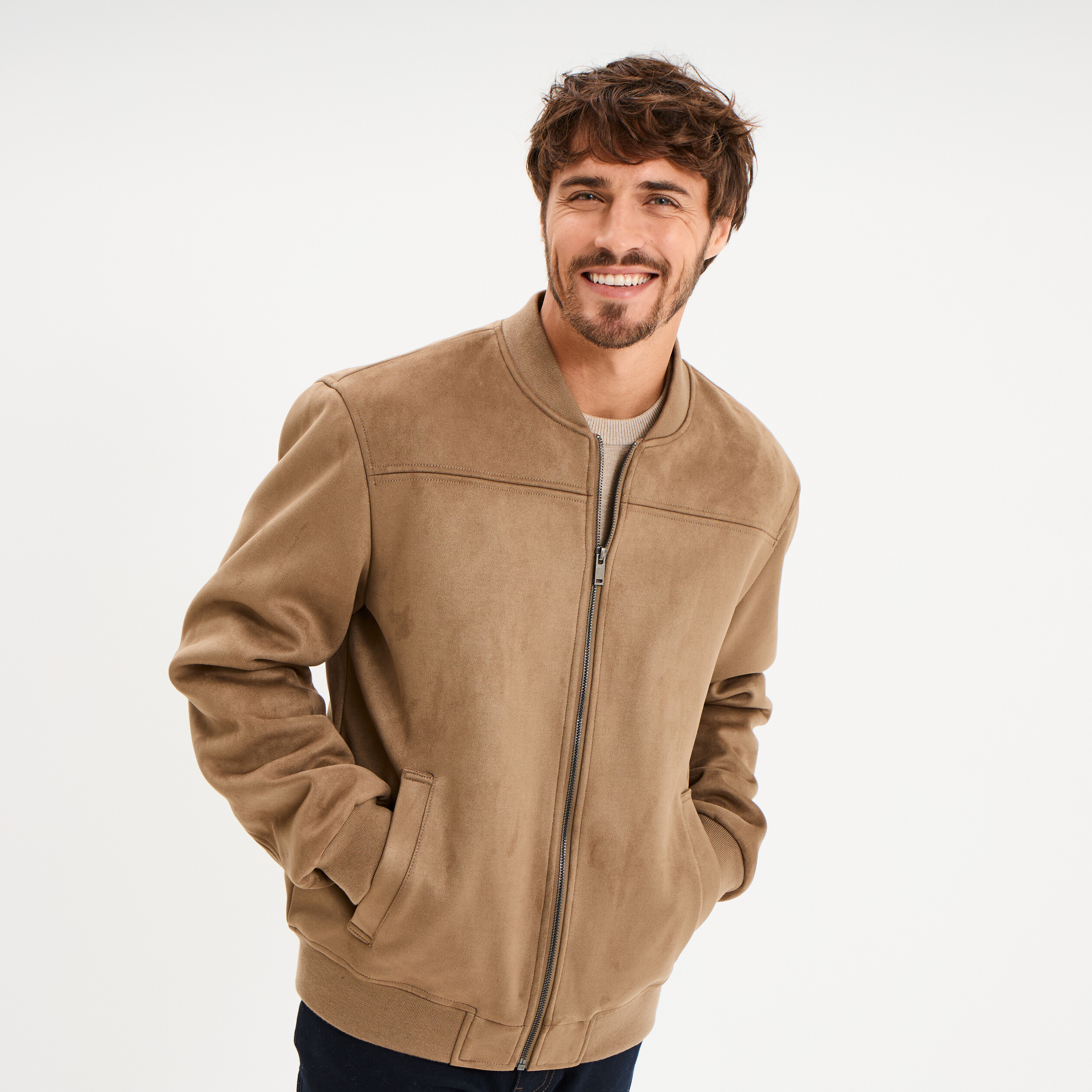 Blouson bomber effet su&eacute;dine taupe homme