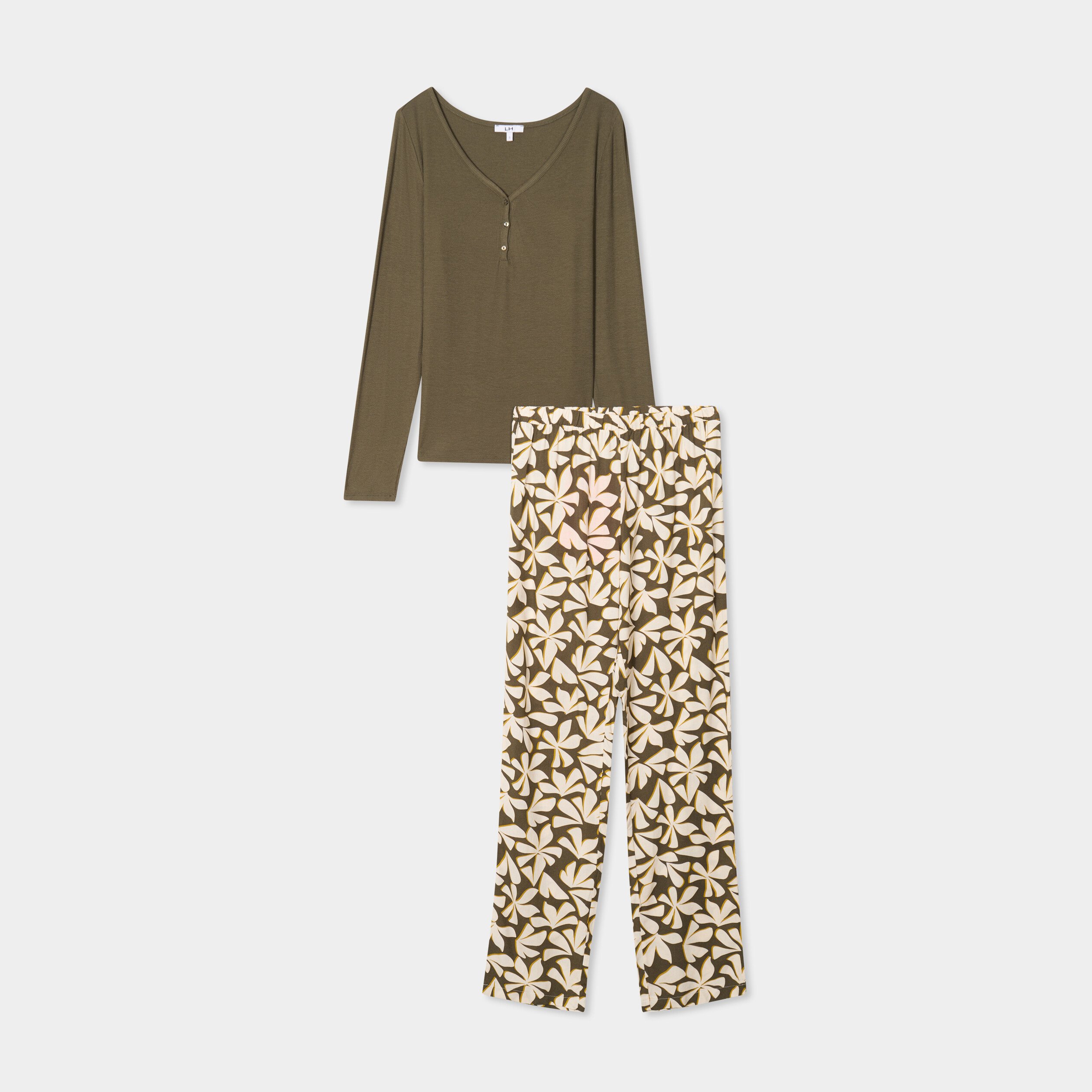 ensemble pyjama manches longues 2 pieces vert kaki femme Ensemble pyjama manches longues 2 pièces vert kaki femme