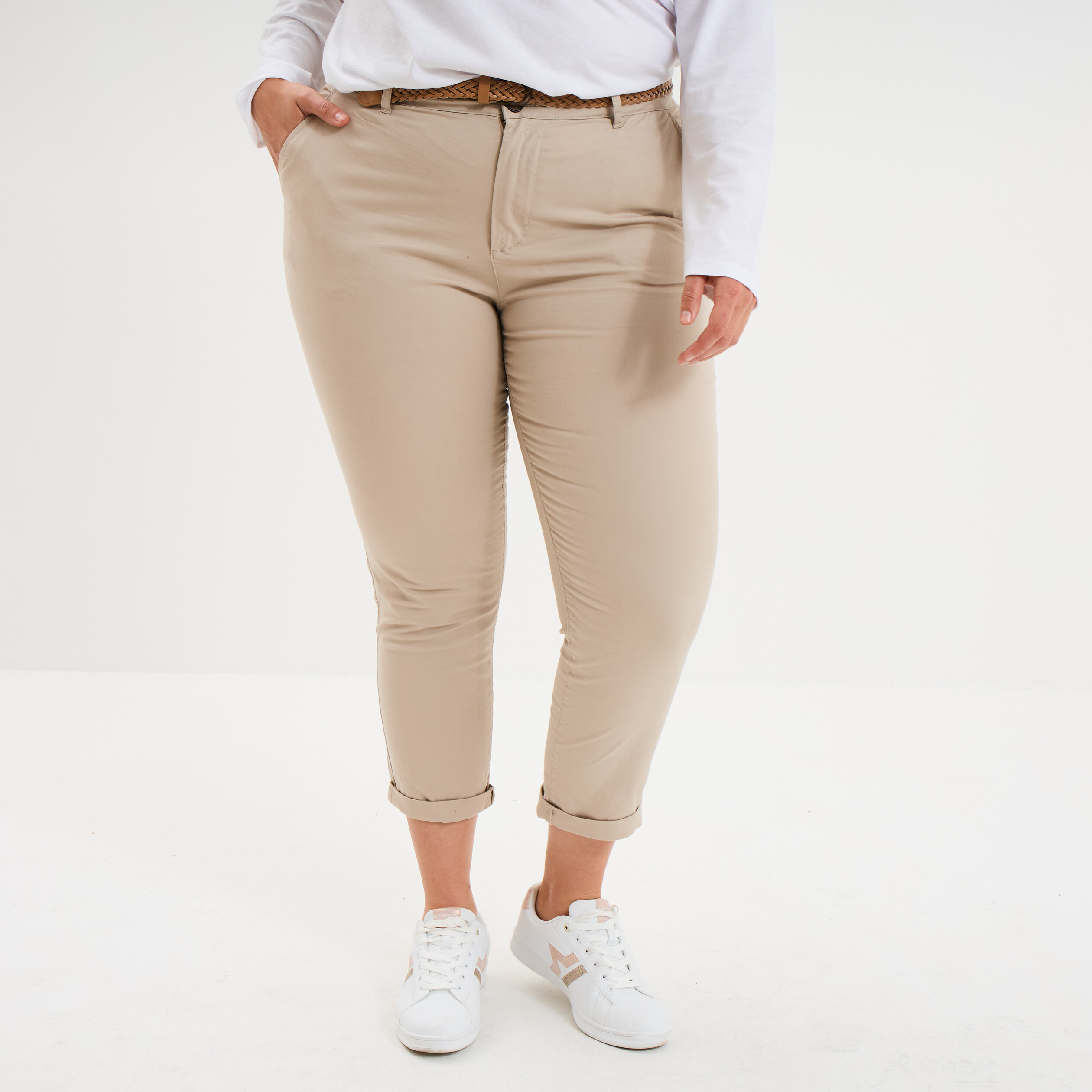 Pantalon chino taille haute coton beige femme grande taille