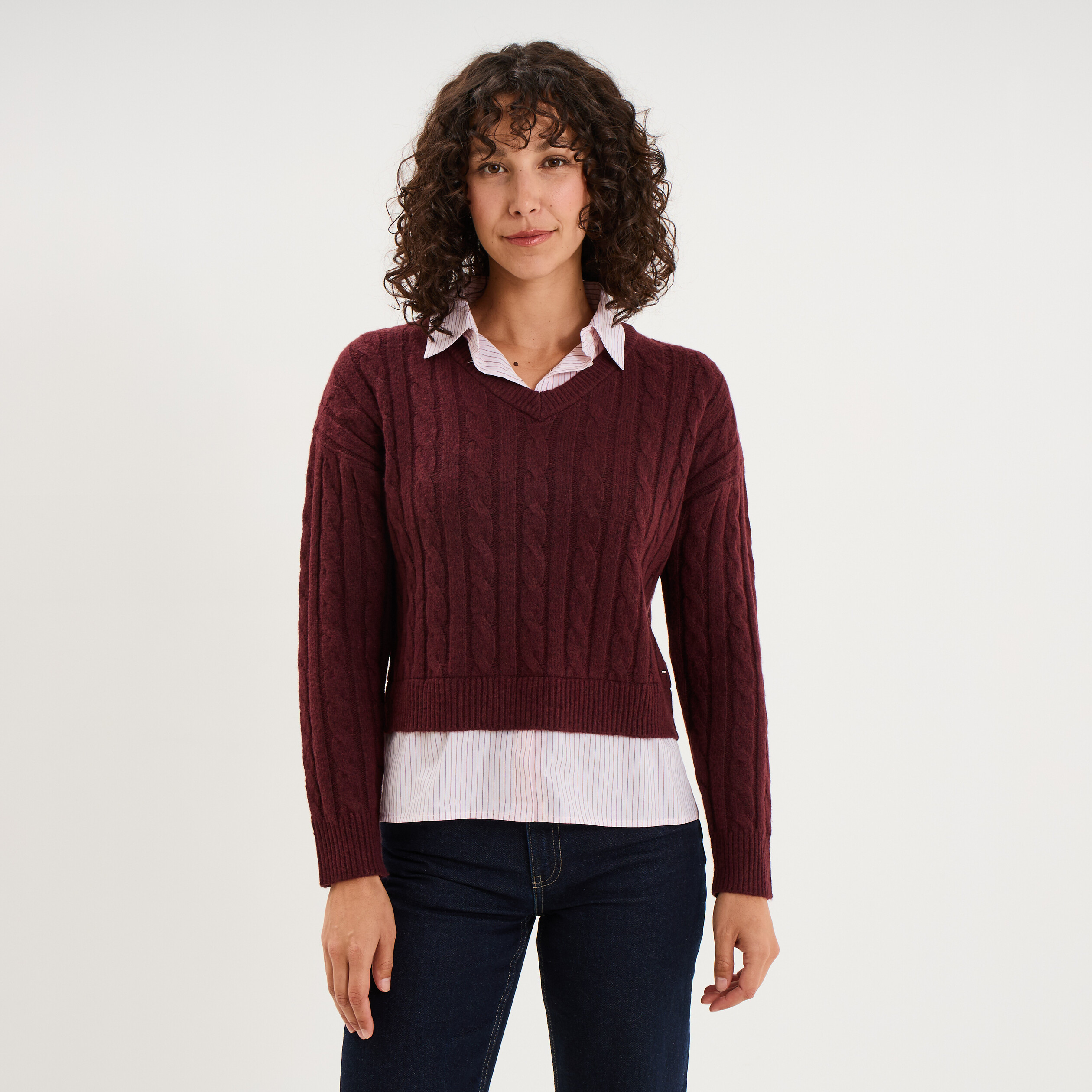 Pull torsades effet 2-en-1 chemise violet fonc&eacute; femme
