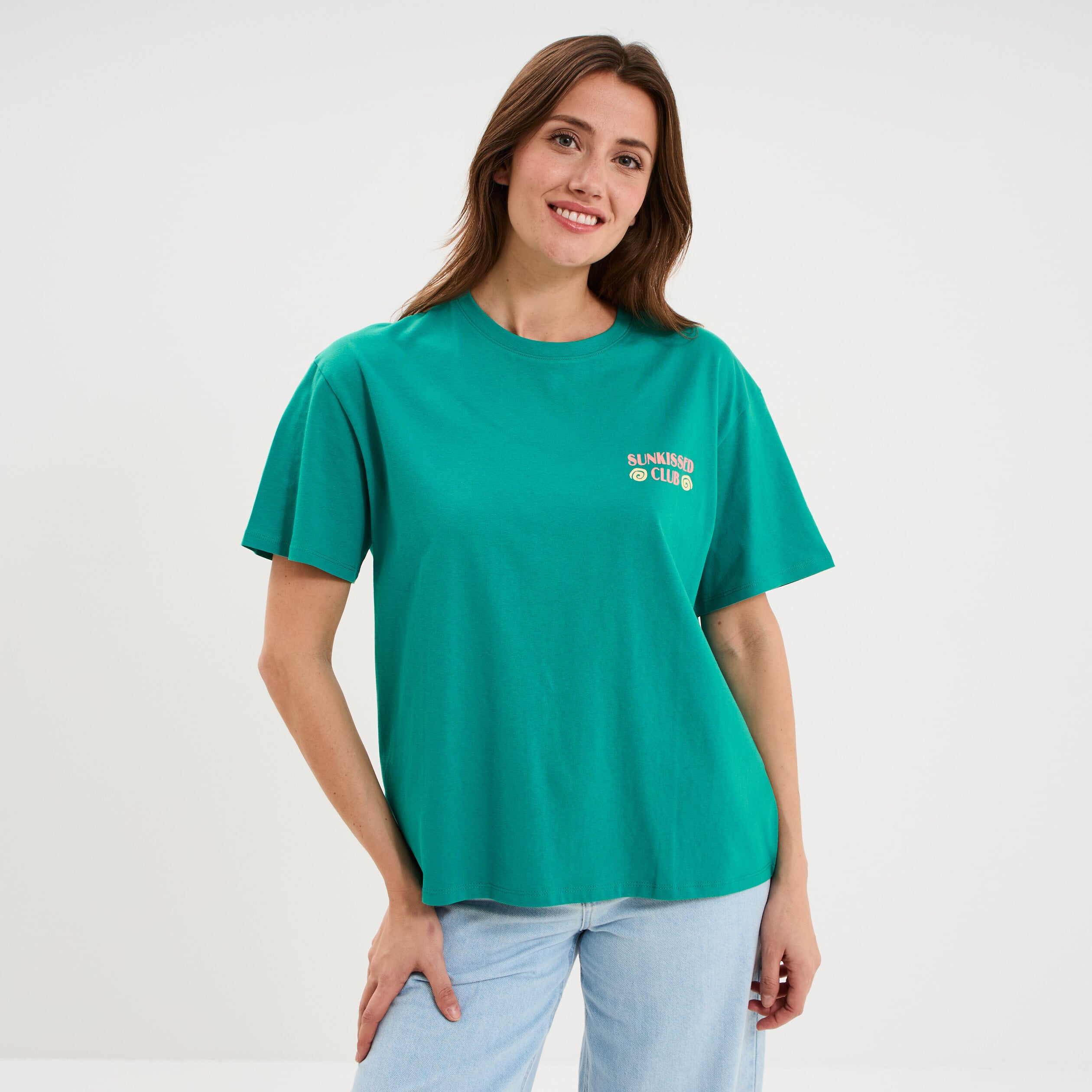 T-shirt droit manches courtes coton vert menthe femme