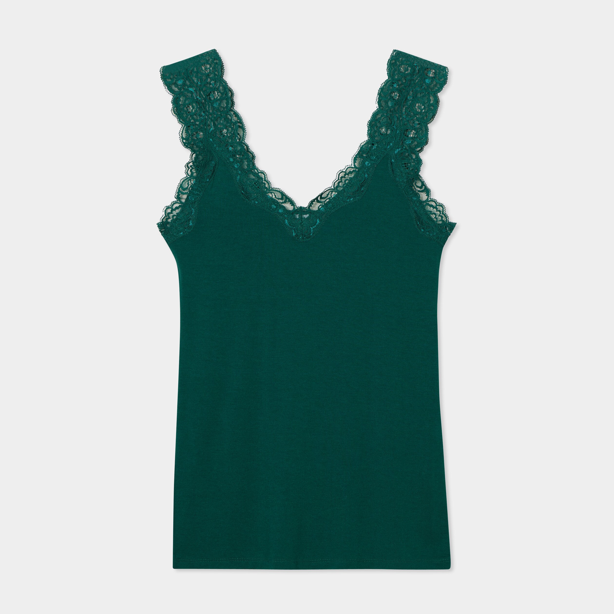 debardeur ajuste avec dentelle vert fonce femme Débardeur ajusté avec dentelle vert foncé femme