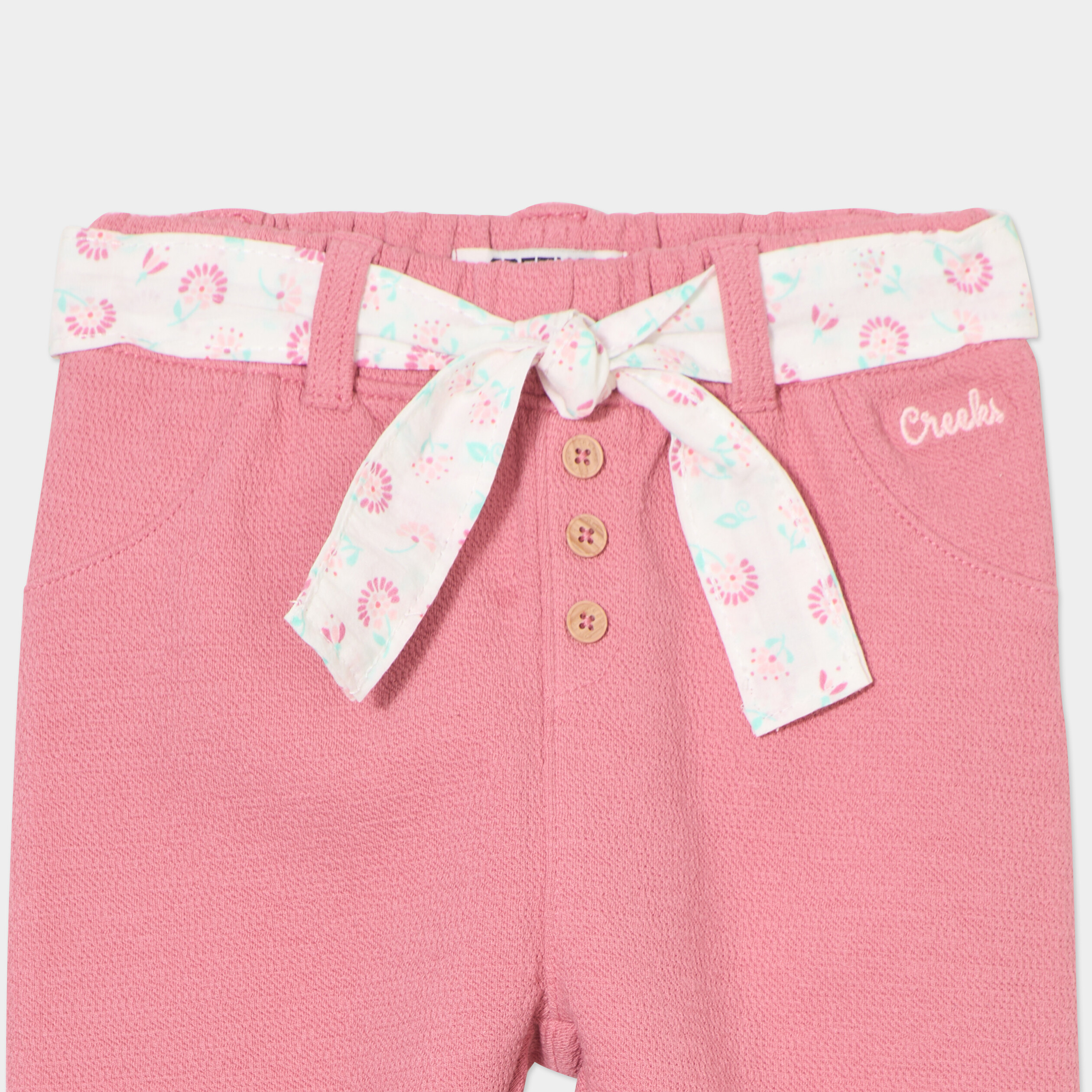 Pantalon cigarette en maille &agrave; ceinture vieux rose b&eacute;b&eacute; fille
