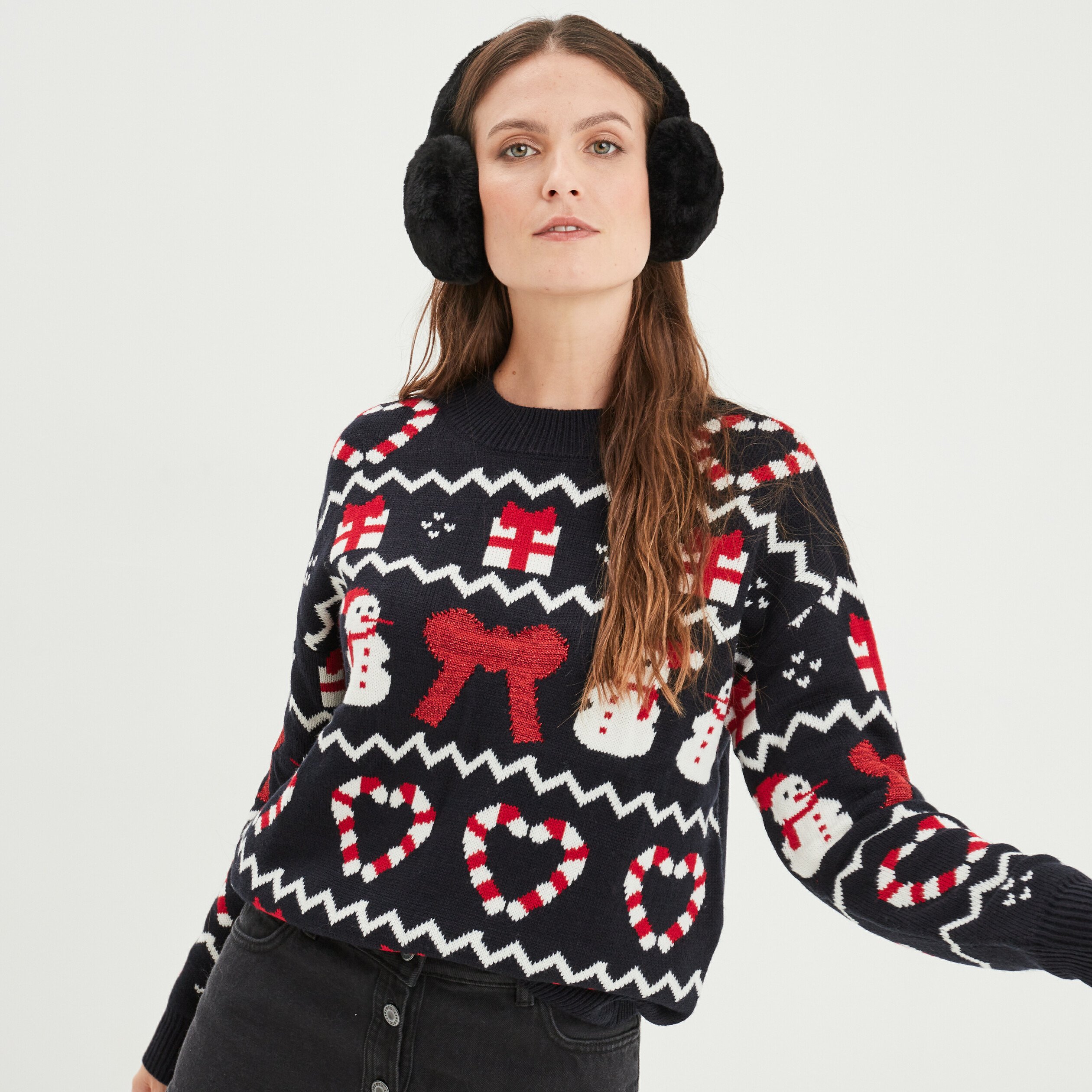 pull de noel manches longues et col rond bleu marine femme Pull de Noël manches longues et col rond bleu marine femme