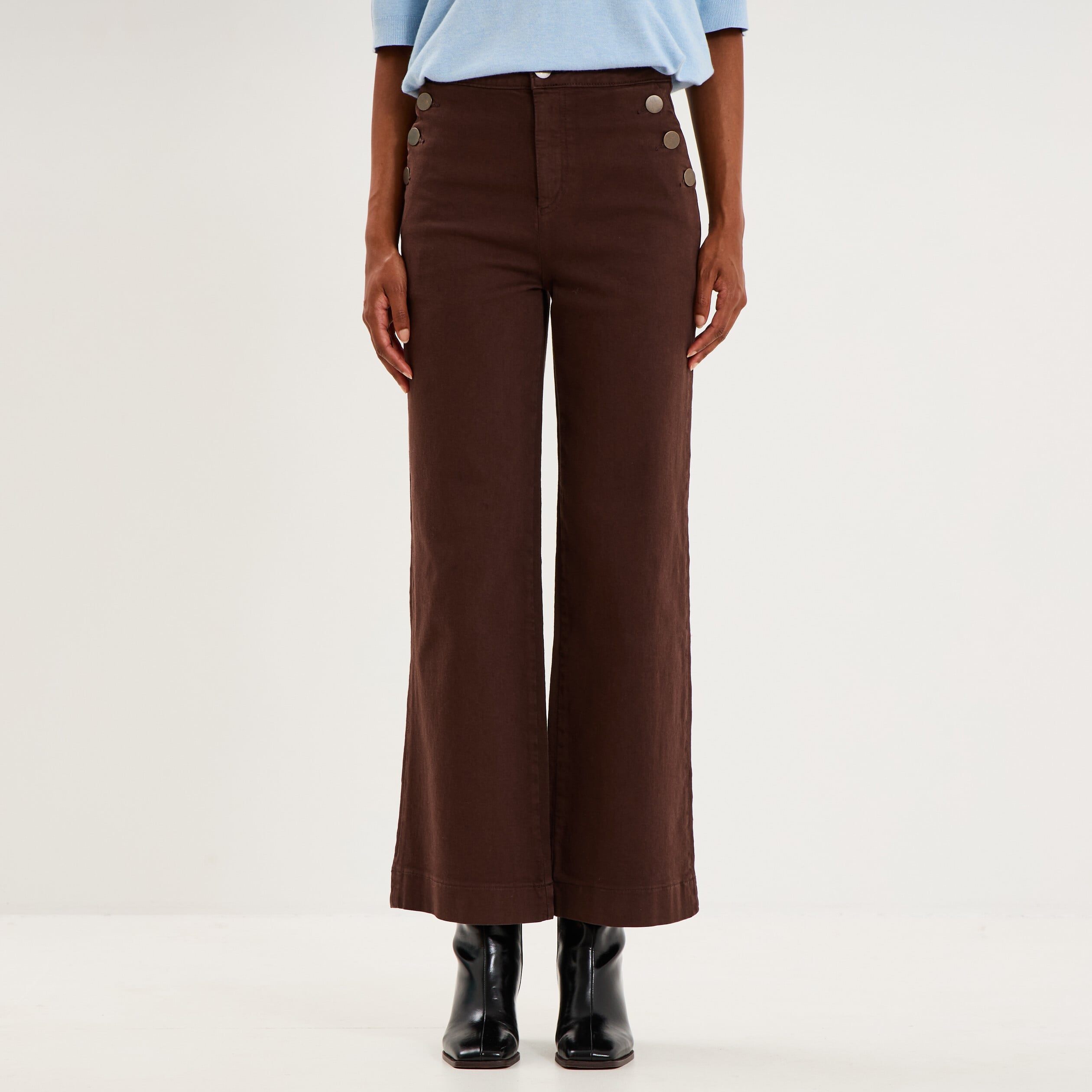 Pantalon wide leg cropped &agrave; boutons marron fonc&eacute; femme