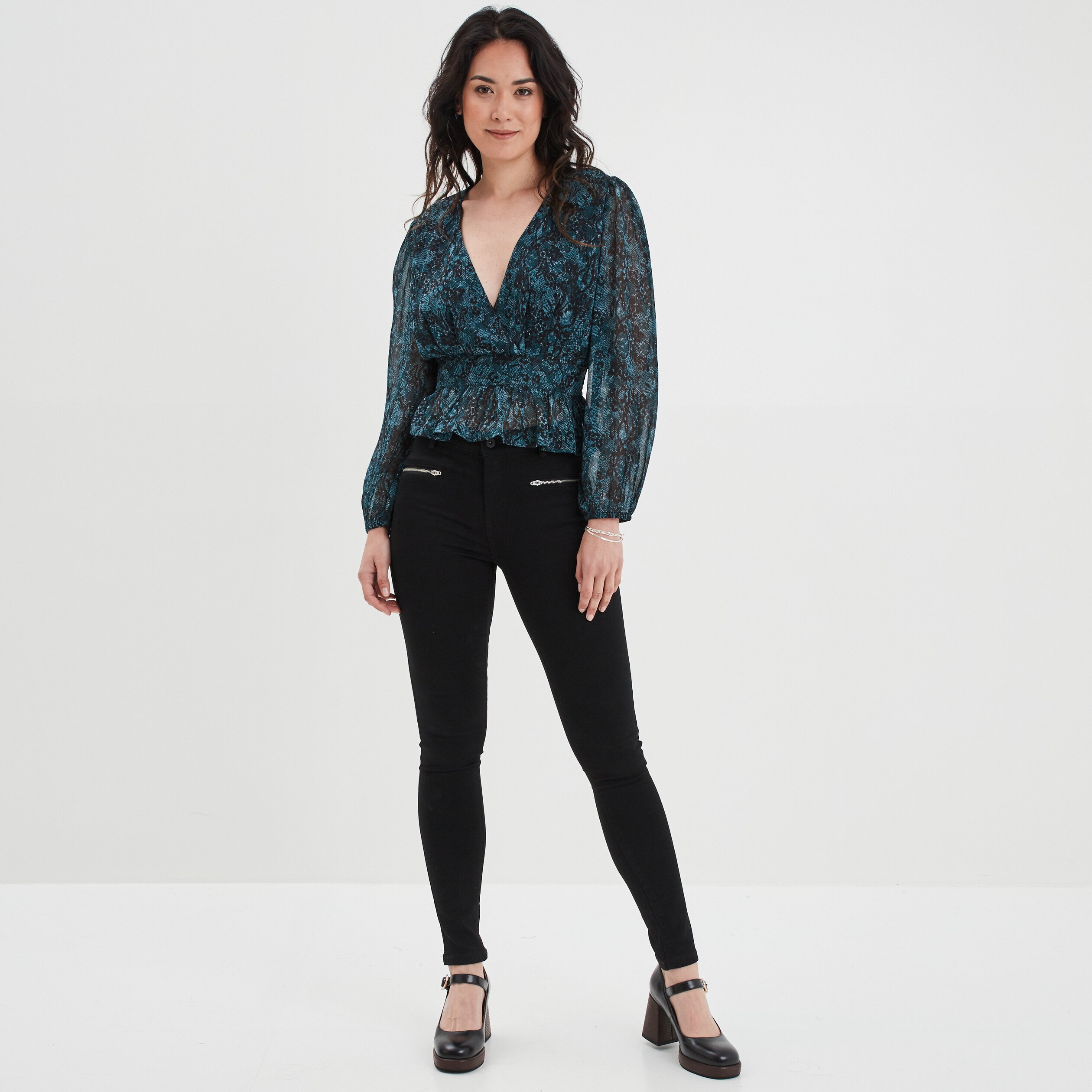 Blouse cintrée col effet croisé Liberto bleu canard femme