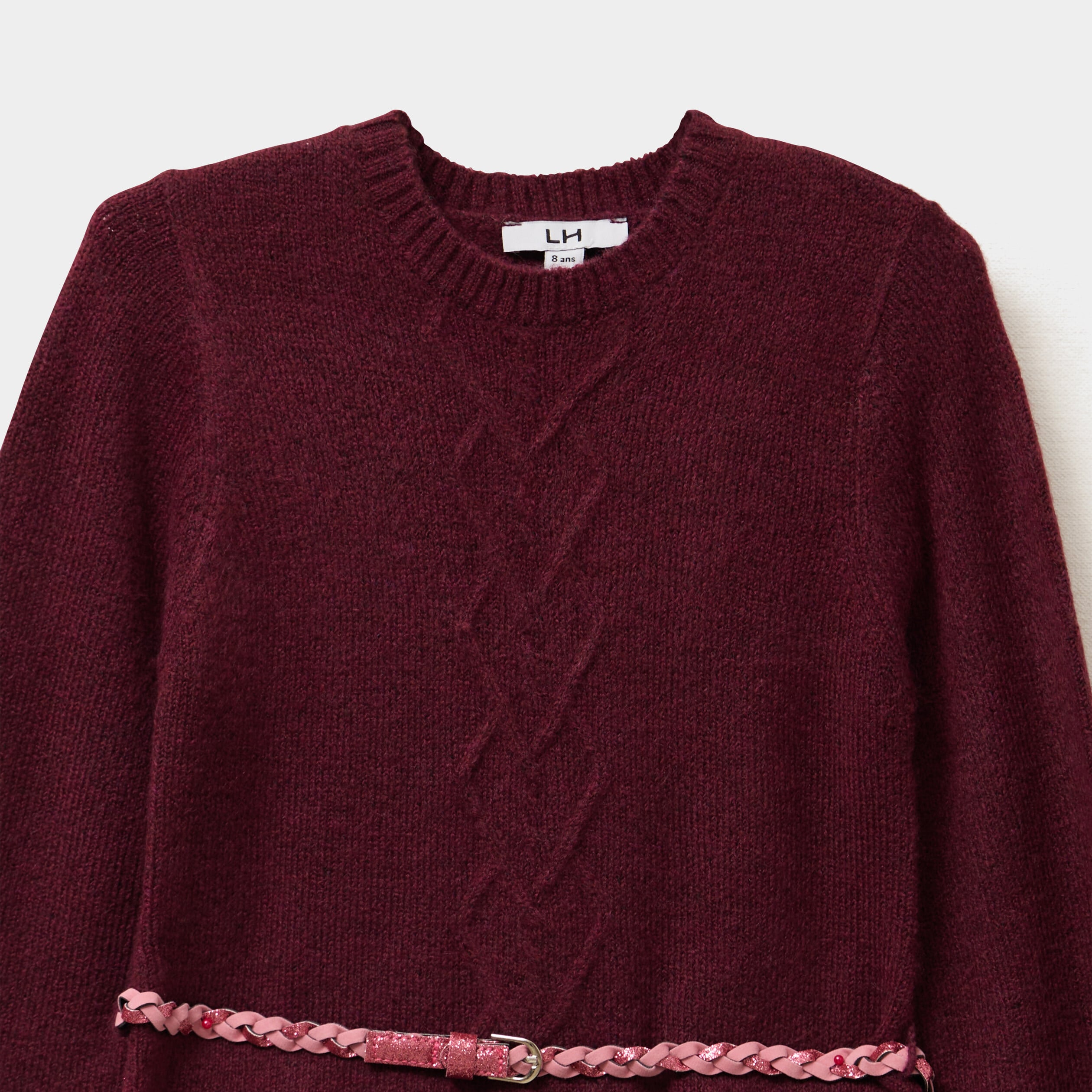 Robe pull courte avec ceinture tress&eacute;e bordeaux fille