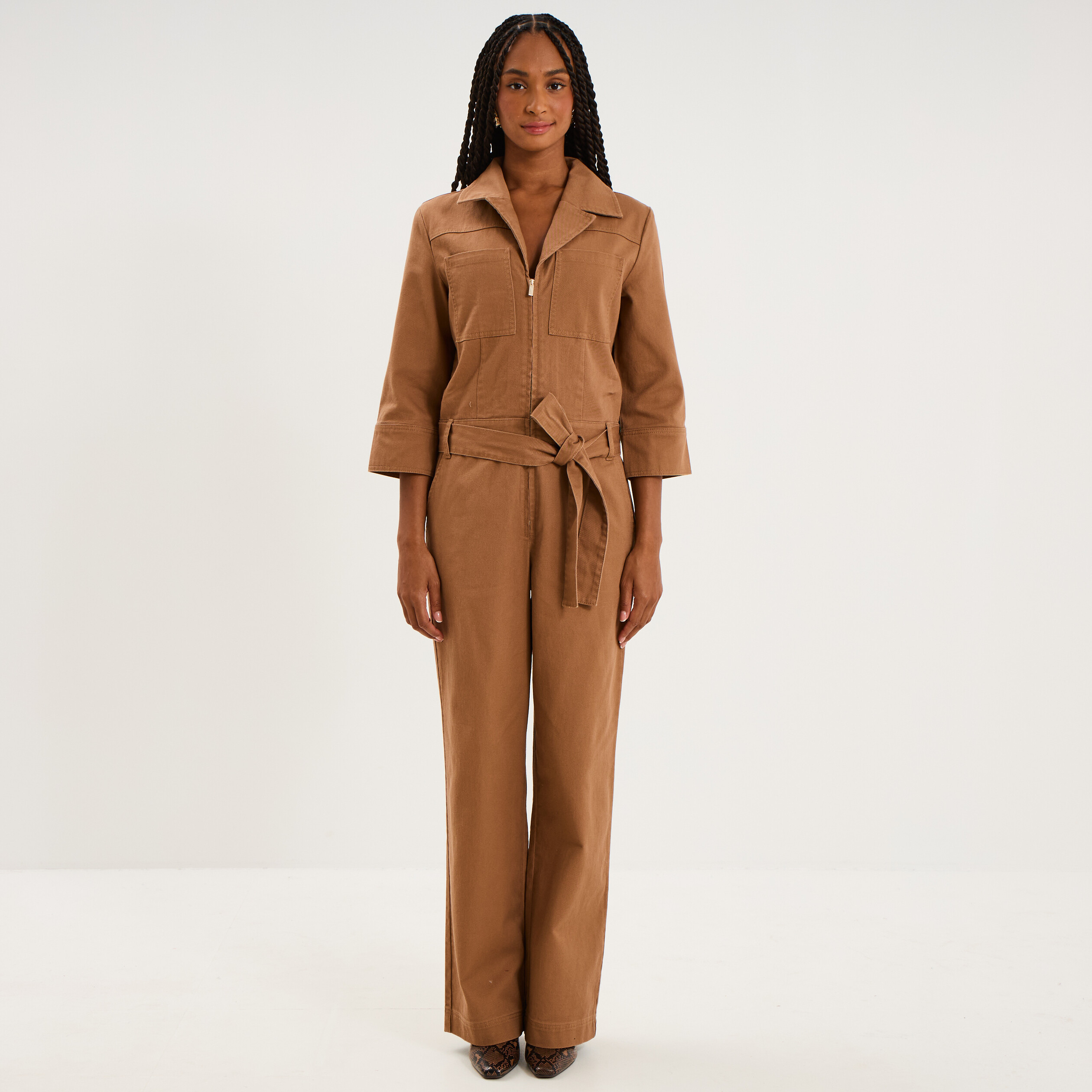 Combinaison pantalon zipp&eacute;e jambe large marron clair femme