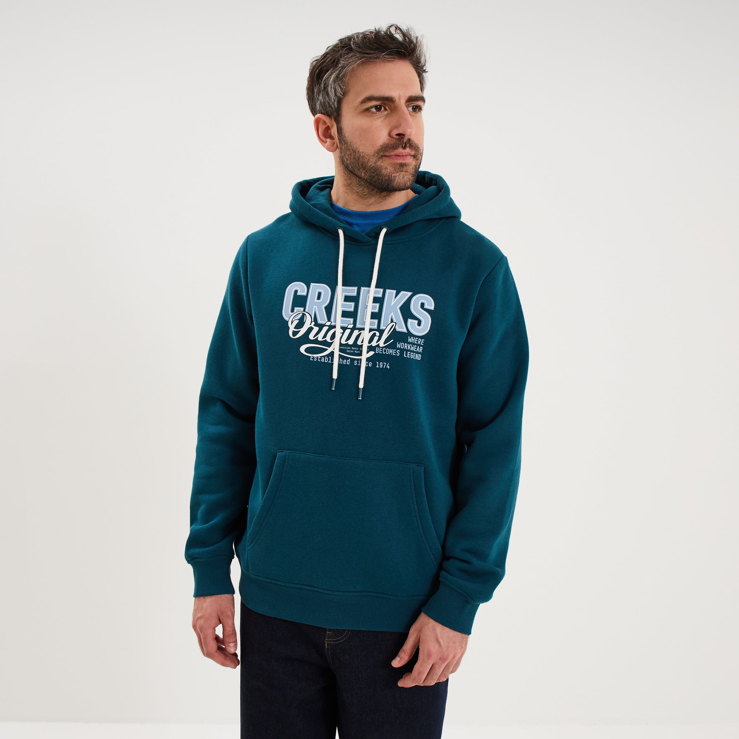 Sweat hoodie 1 poche et capuche bleu canard homme