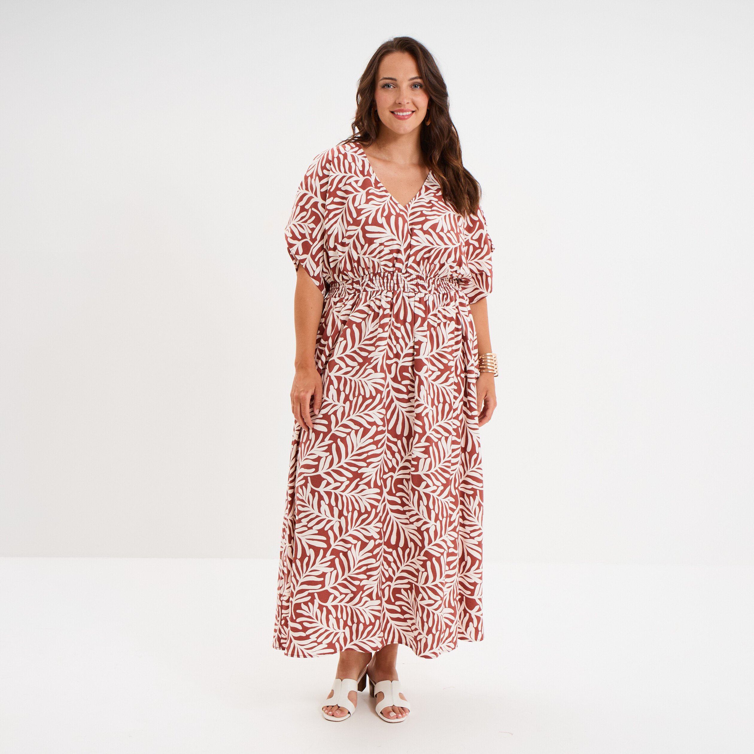 robe longue fluide manches 34 terracotta femmegt Robe longue fluide manches 3/4 terracotta femme grande taille