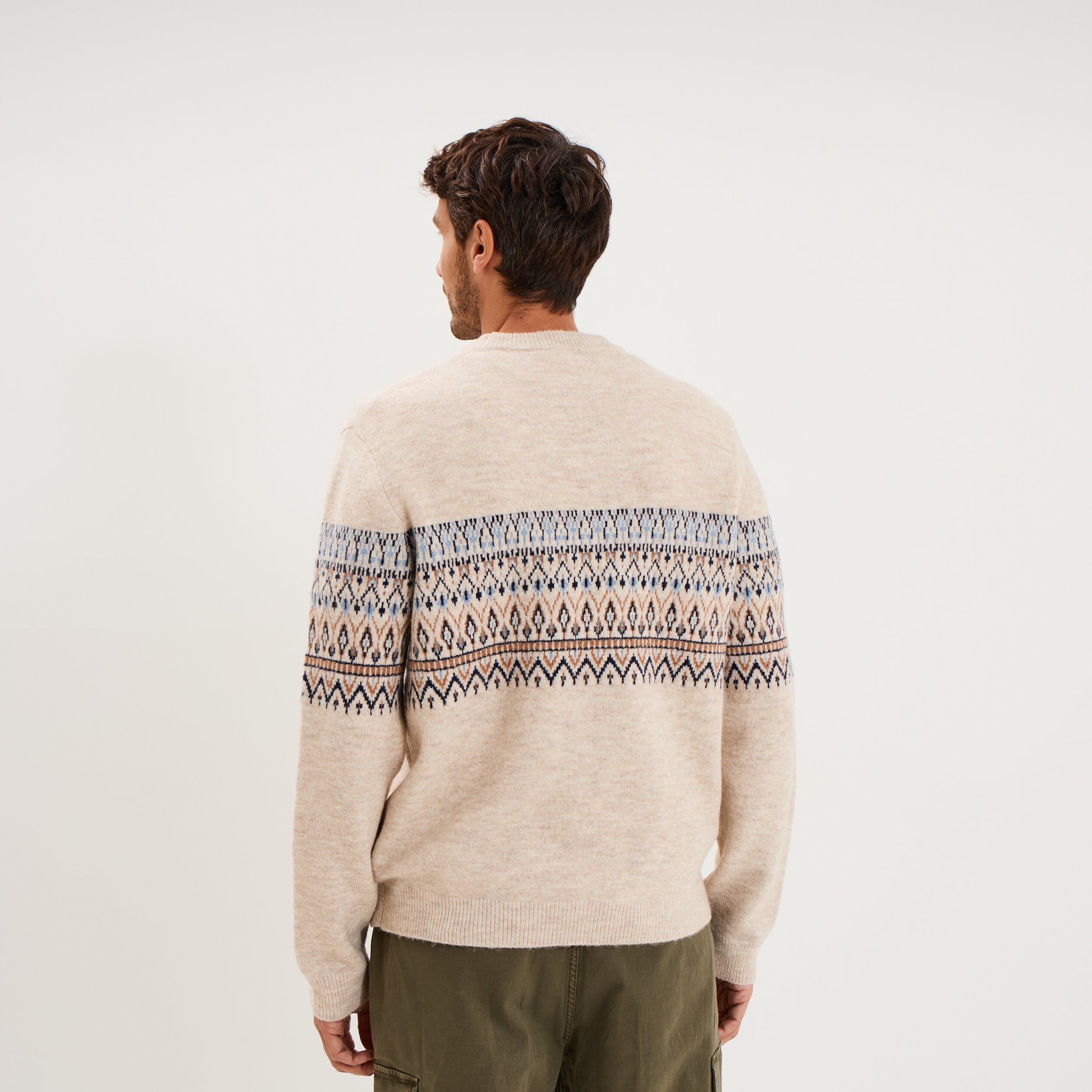 Pull jacquard col rond manches longues ecru homme