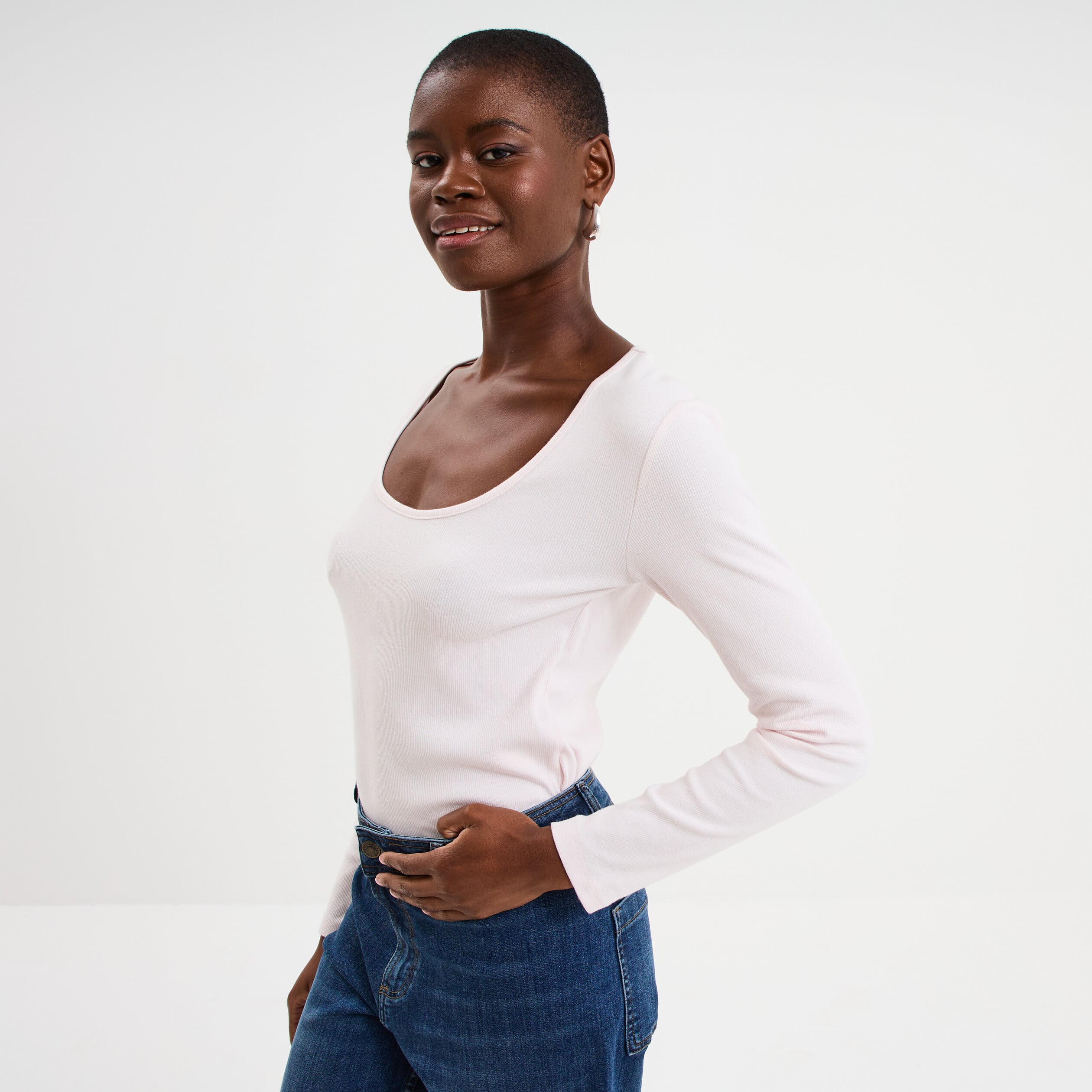 T-shirt coton stretch manches longues rose clair femme