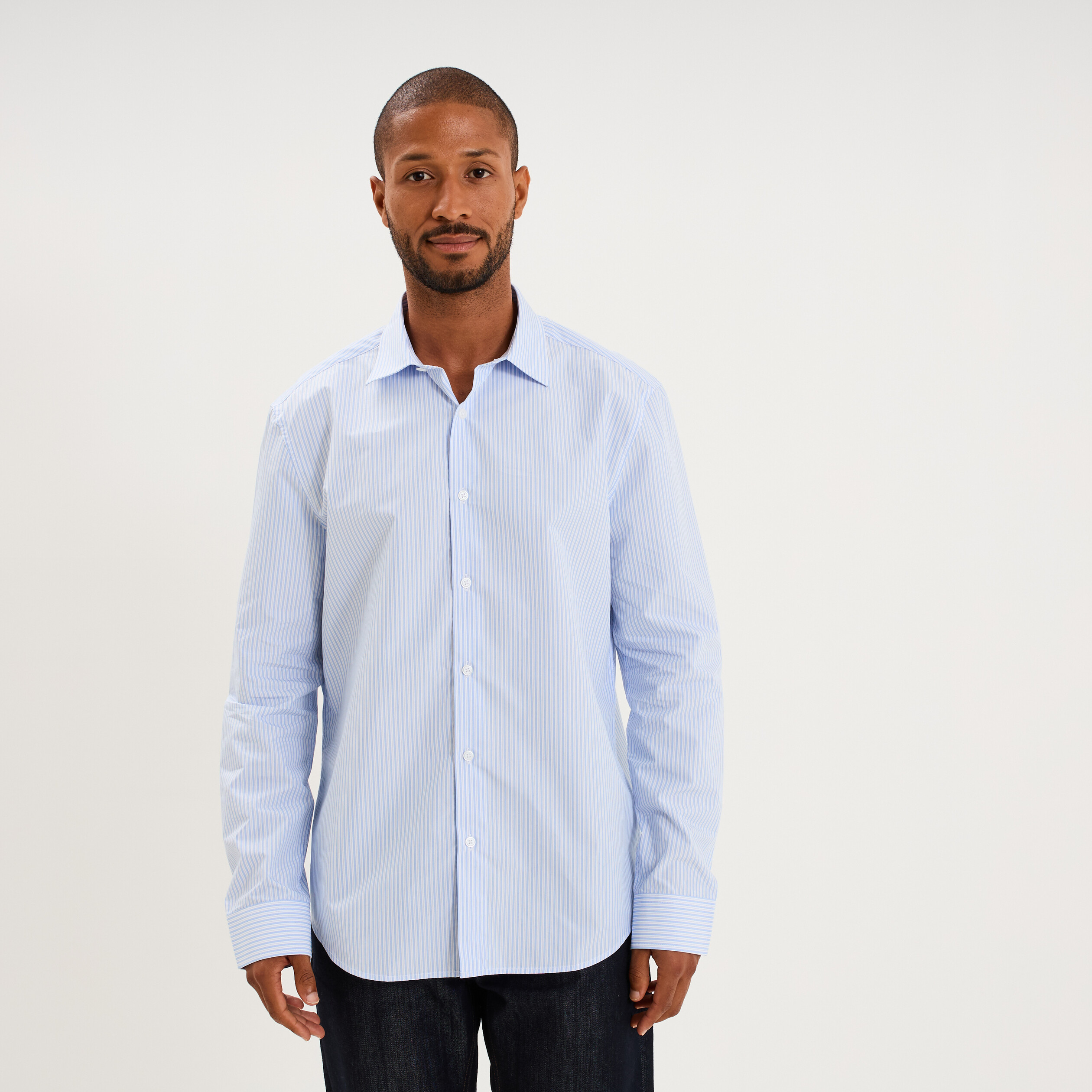 Chemise col italien manches longues bleu ciel homme