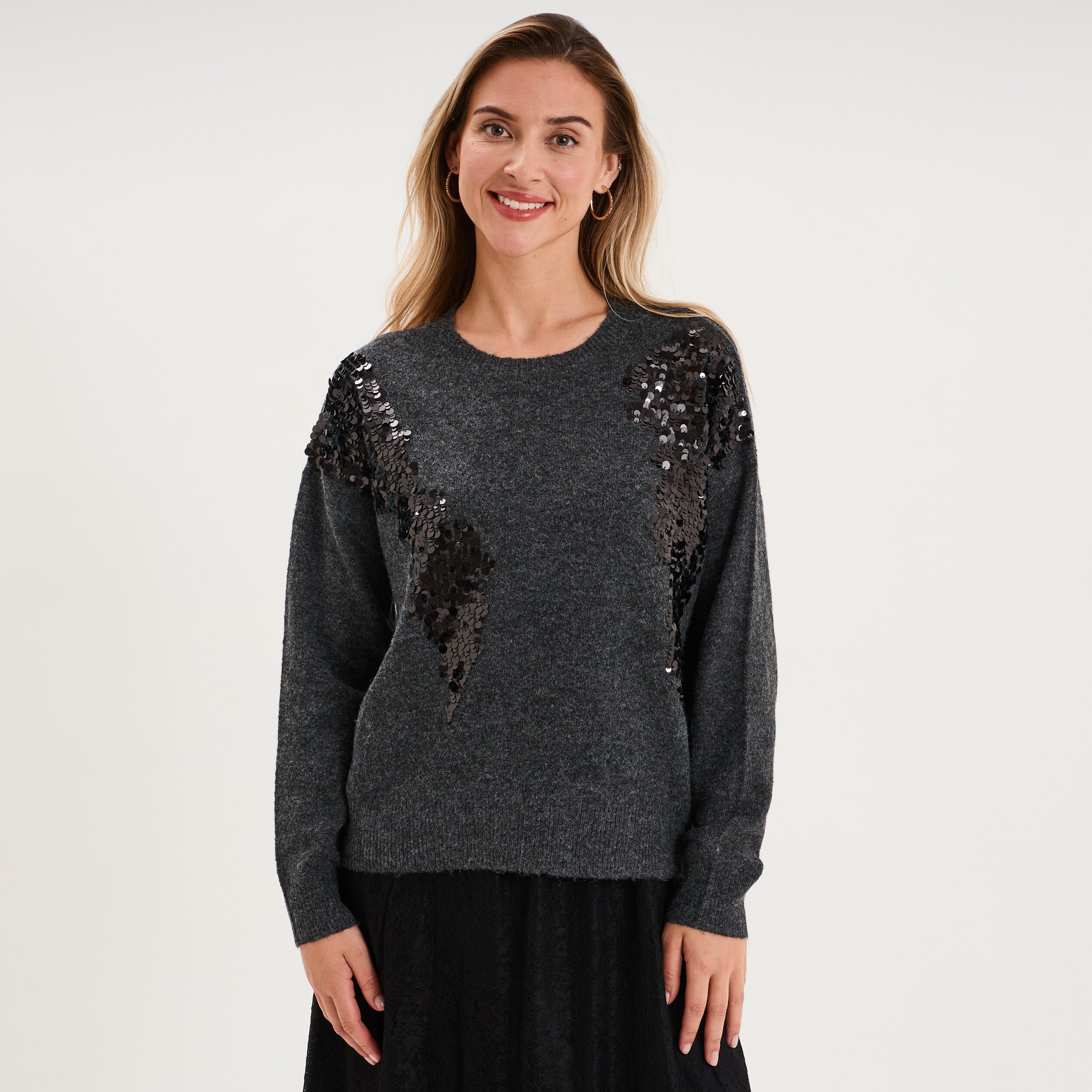 Pull &agrave; paillettes gris fonc&eacute; femme