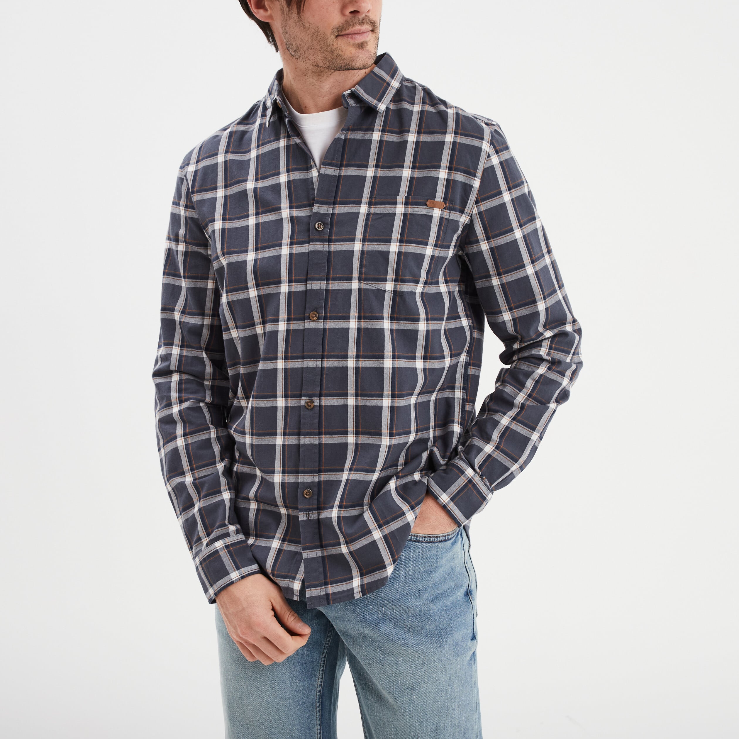 Chemise droite manches retrouss&eacute;es bleu fonc&eacute; homme