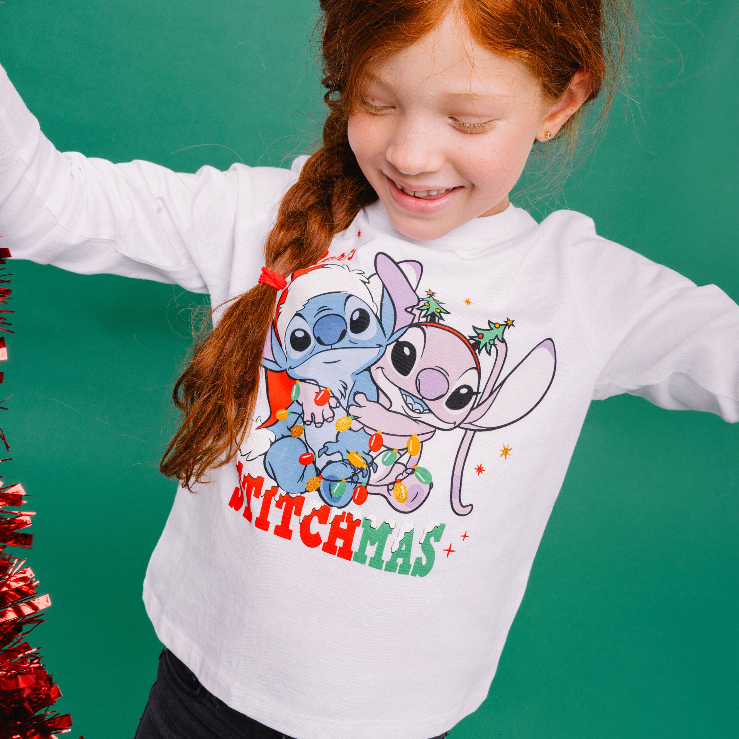 T-shirt manches longues No&euml;l Stitch blanc fille
