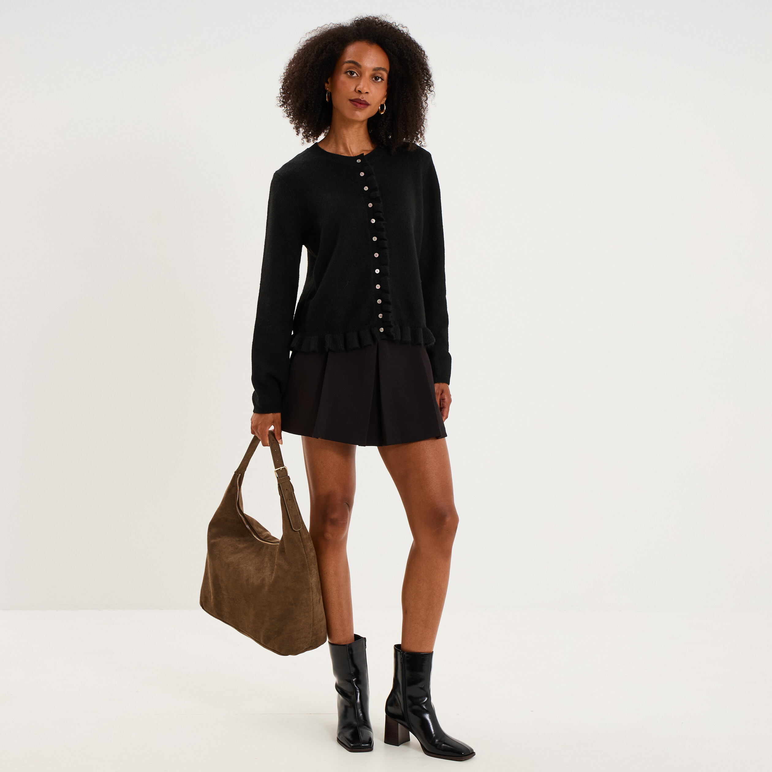 Gilet col rond &agrave; volants boutonn&eacute; noir femme