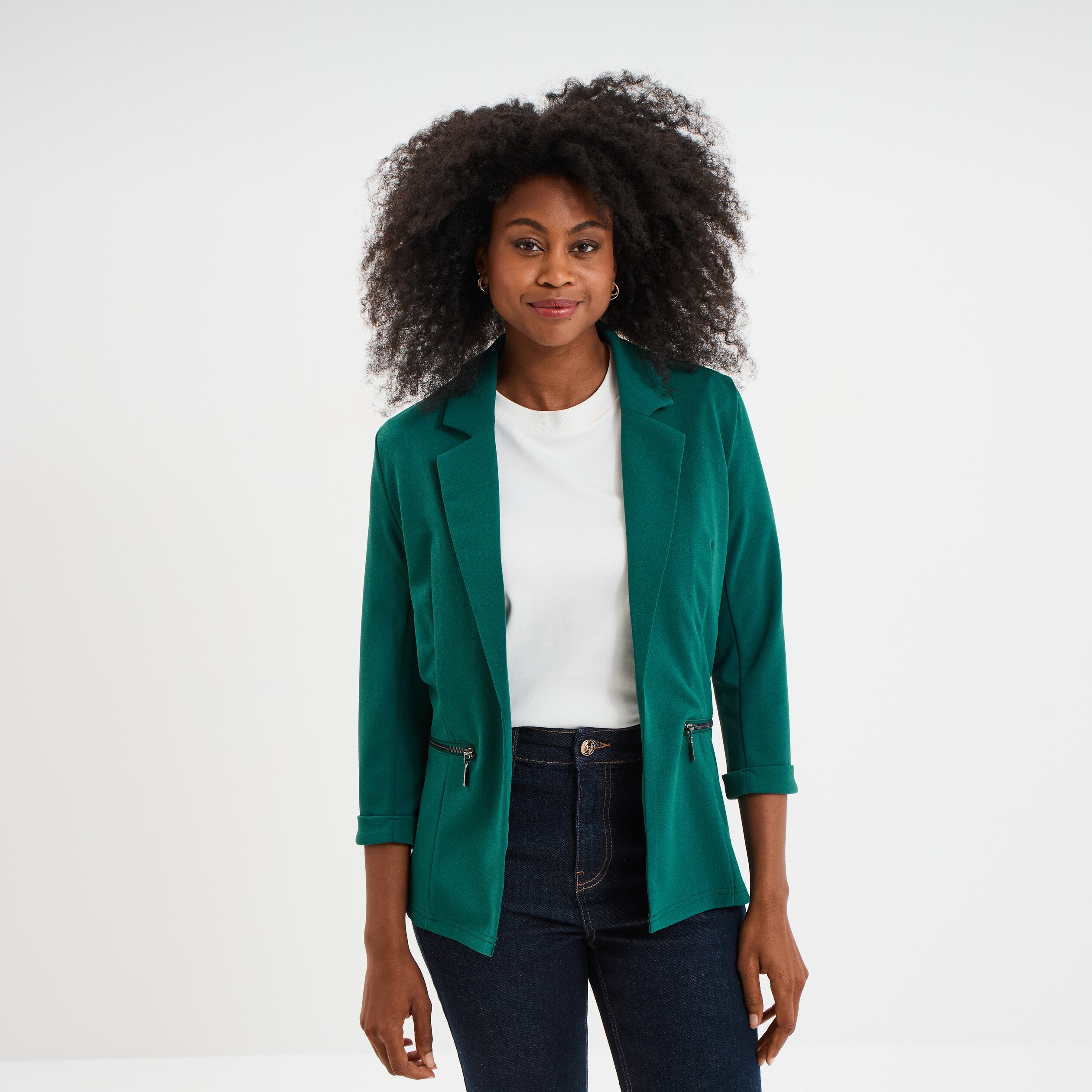 veste blazer cintre manches 34 vert fonce femme Veste blazer cintré manches 3/4 vert foncé femme