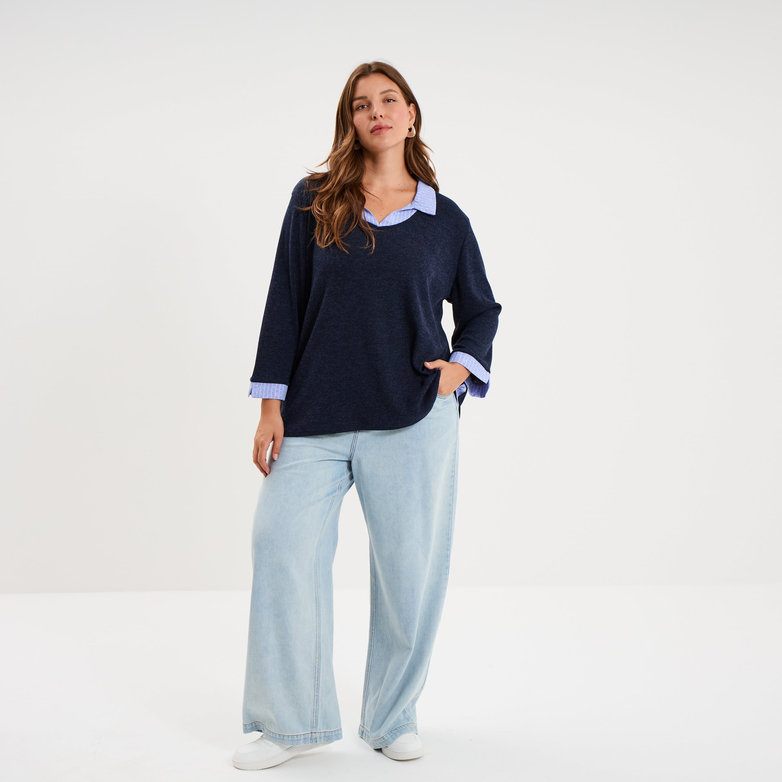 Pull effet 2-en-1 avec manches 3/4 bleu marine femme grande taille