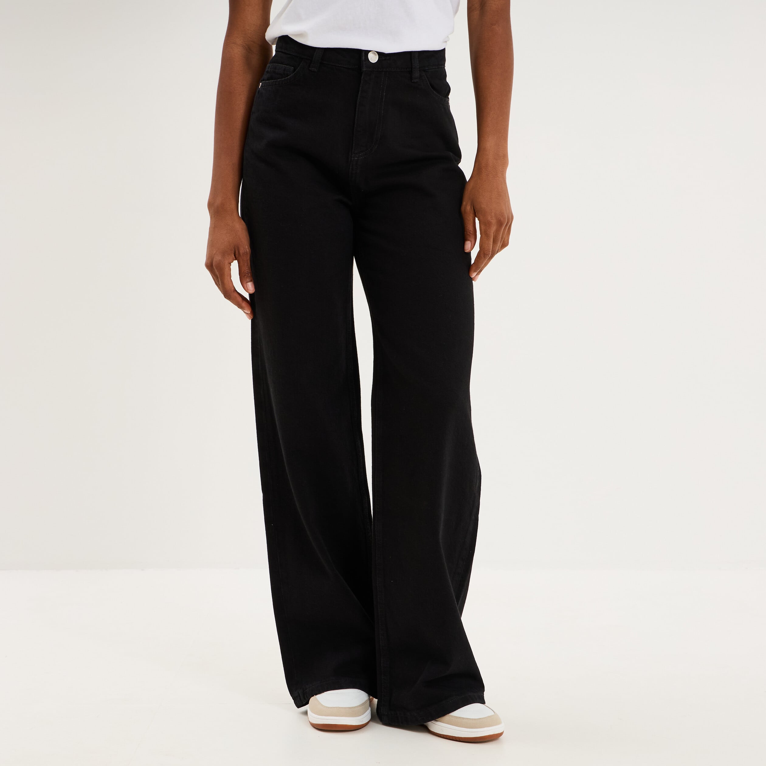 Jean large taille haute coton denim noir femme