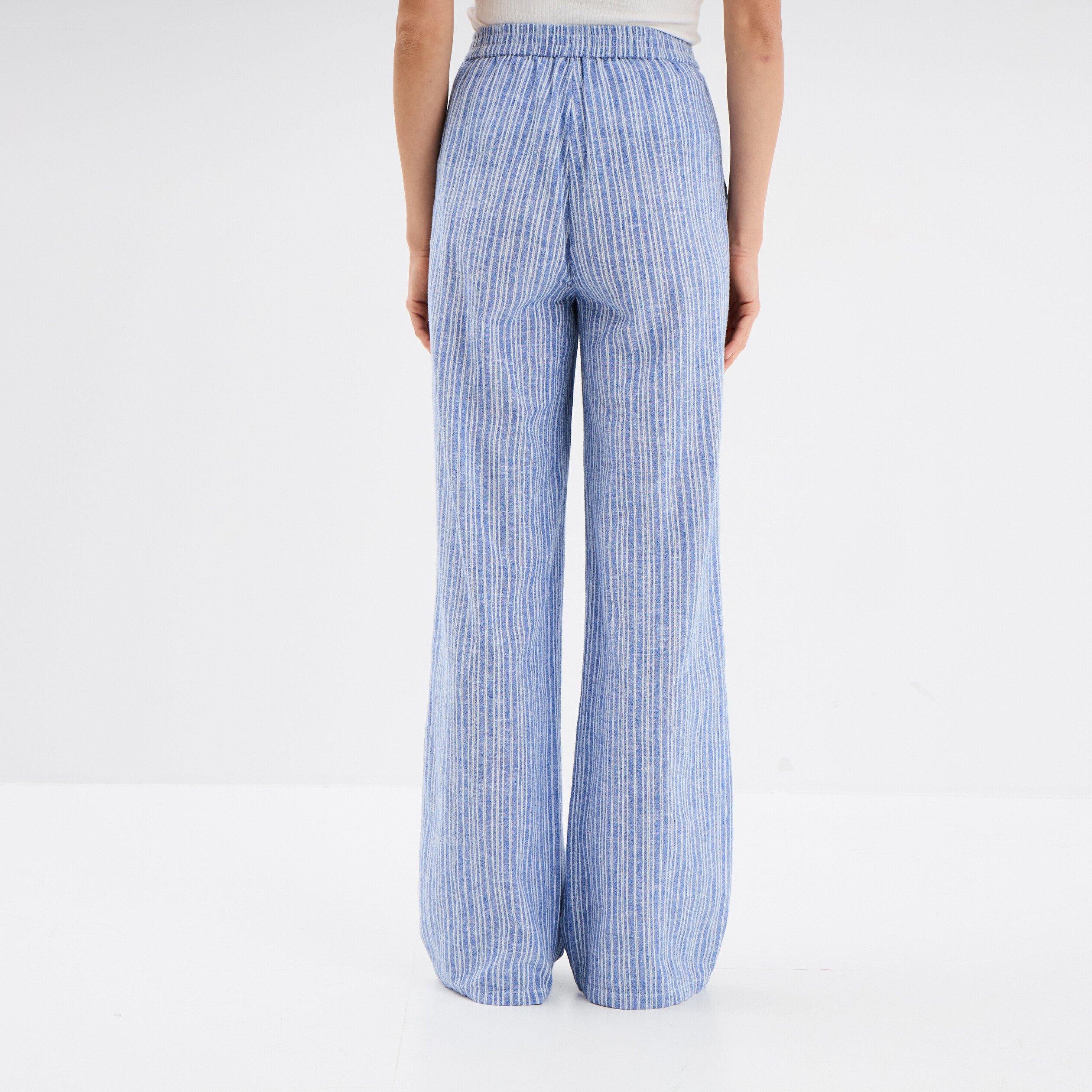 pantalon large taille elastiquee bleu femme Pantalon large taille élastiquée bleu femme