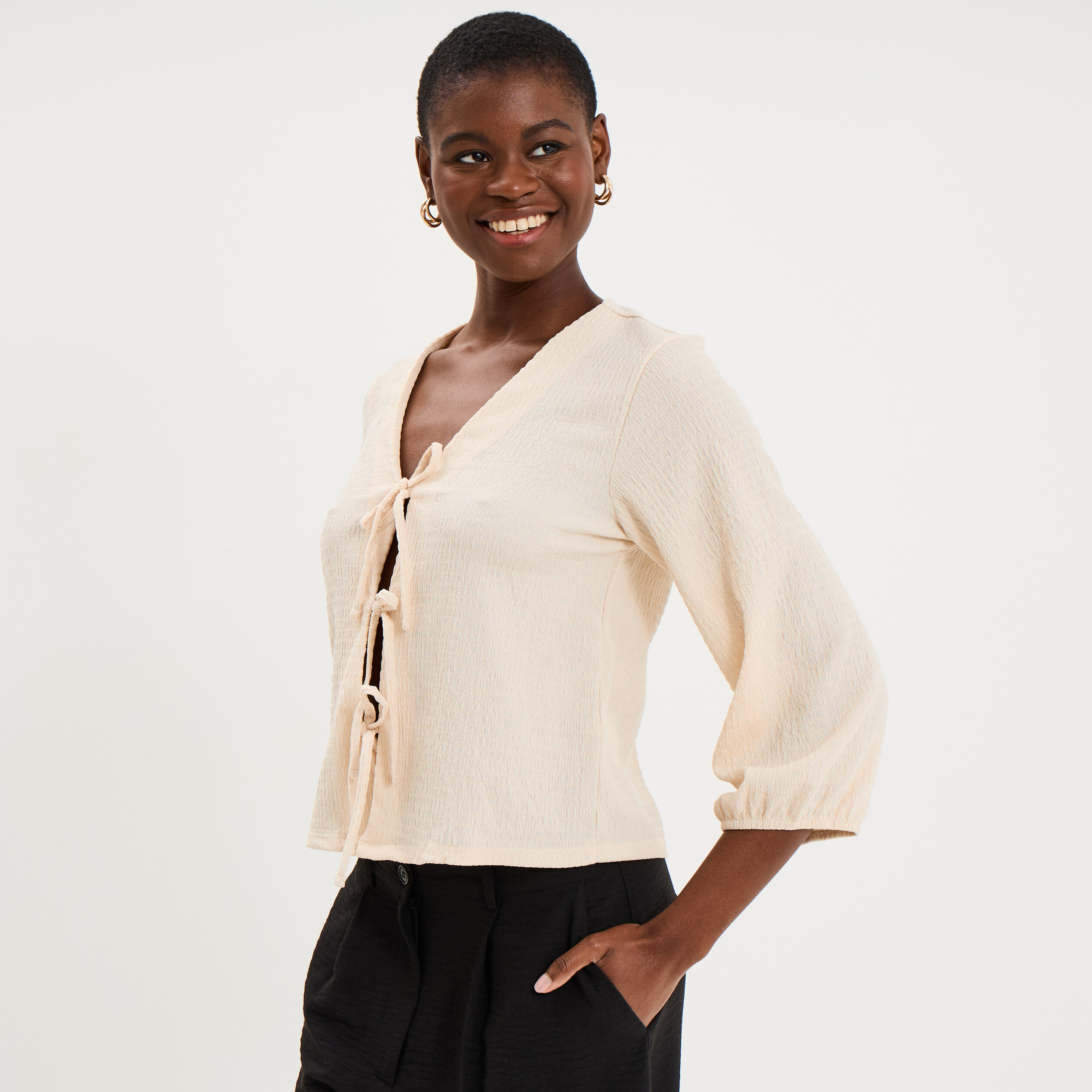 Blouse nou&eacute;e devant manches 3/4 sable femme