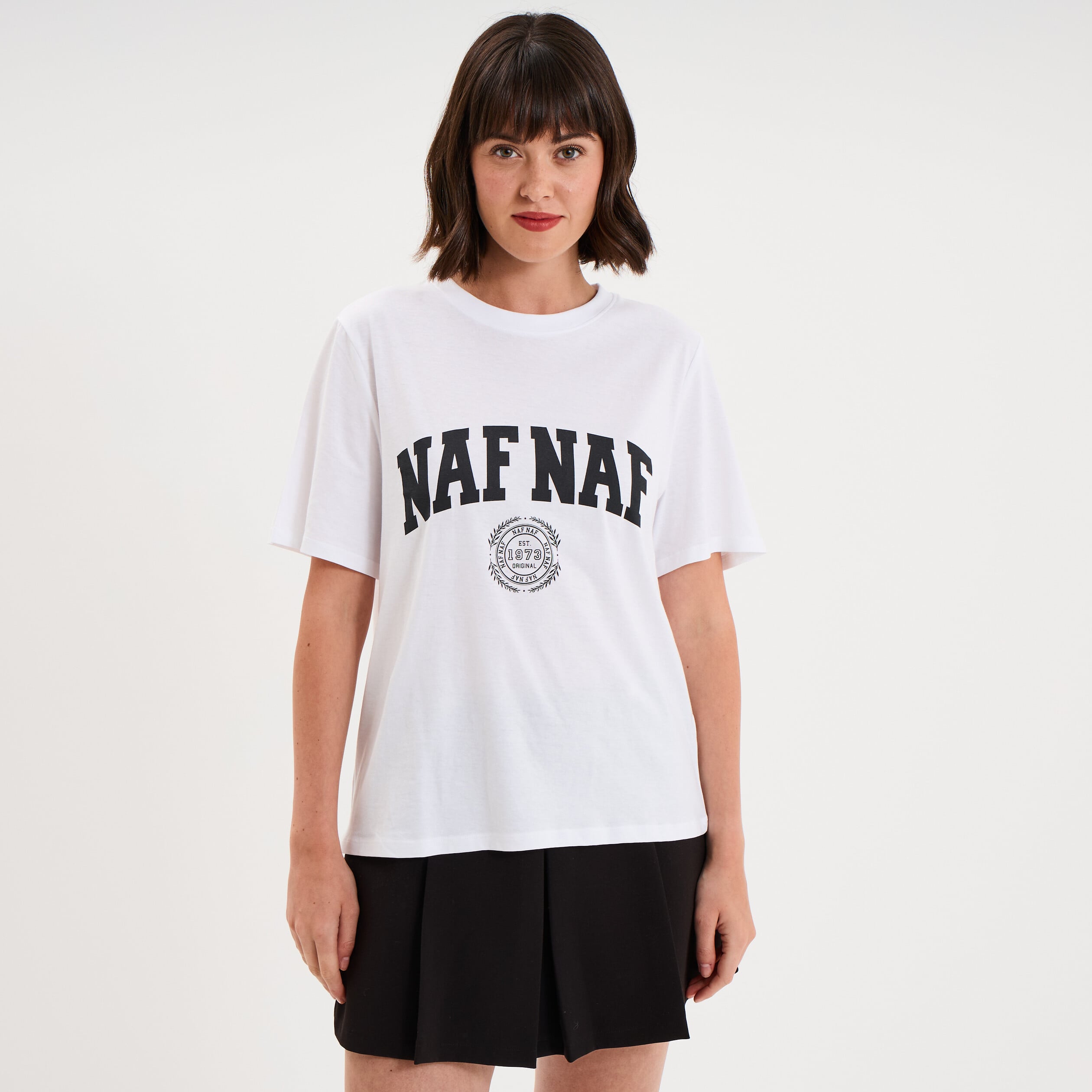 T-shirt col rond manches courtes print blanc femme
