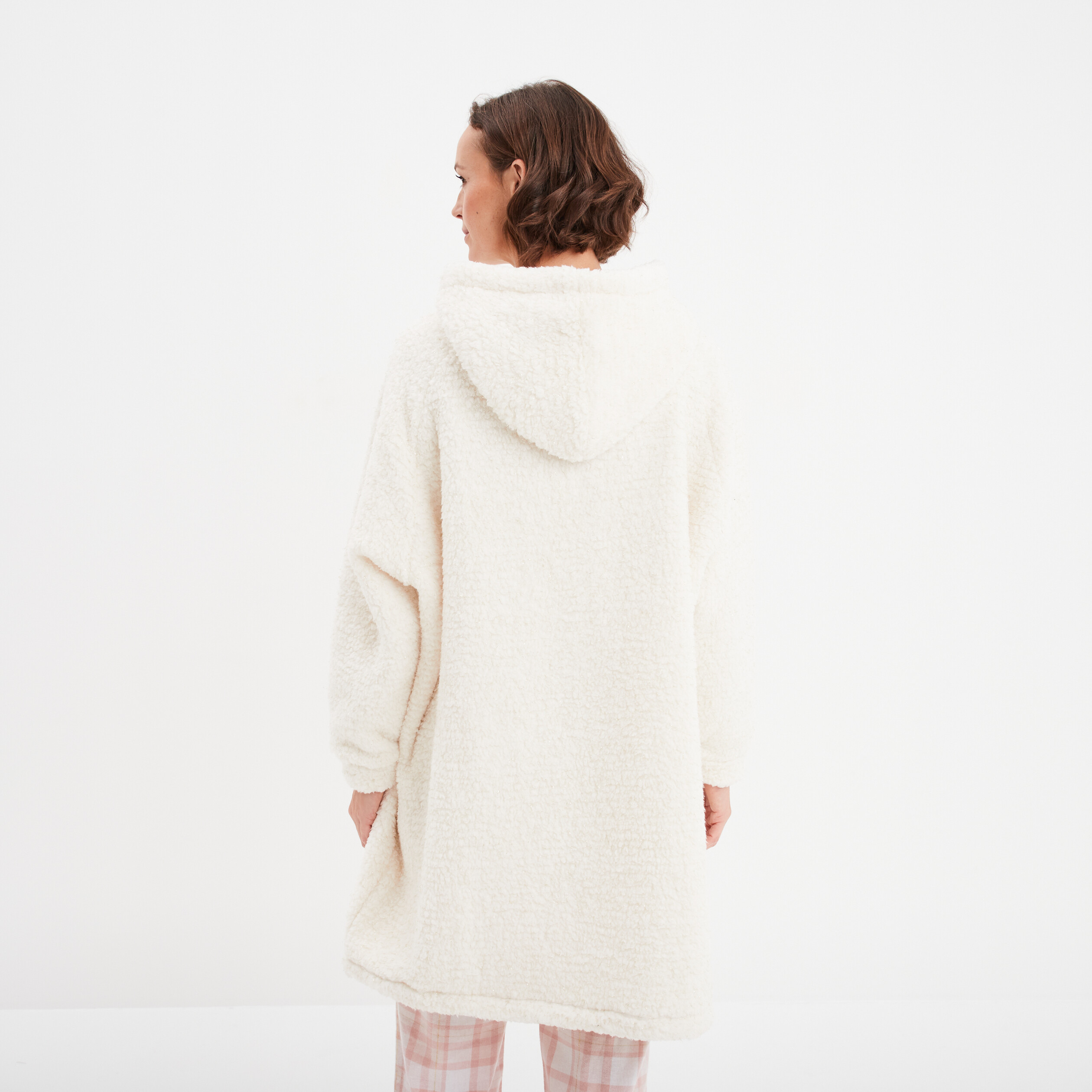 Poncho plaid &agrave; capuche effet polaire ivoire femme