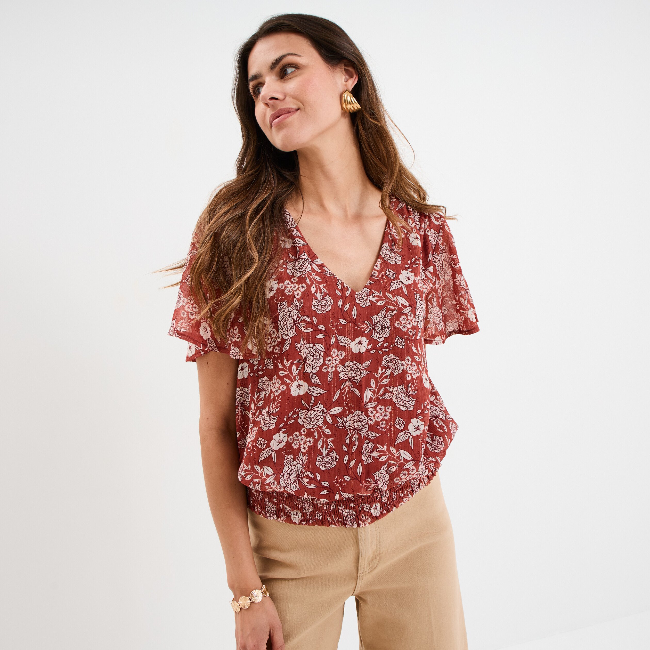 blouse col en v taille elastiquee terracotta femme Blouse col en V taille élastiquée terracotta femme