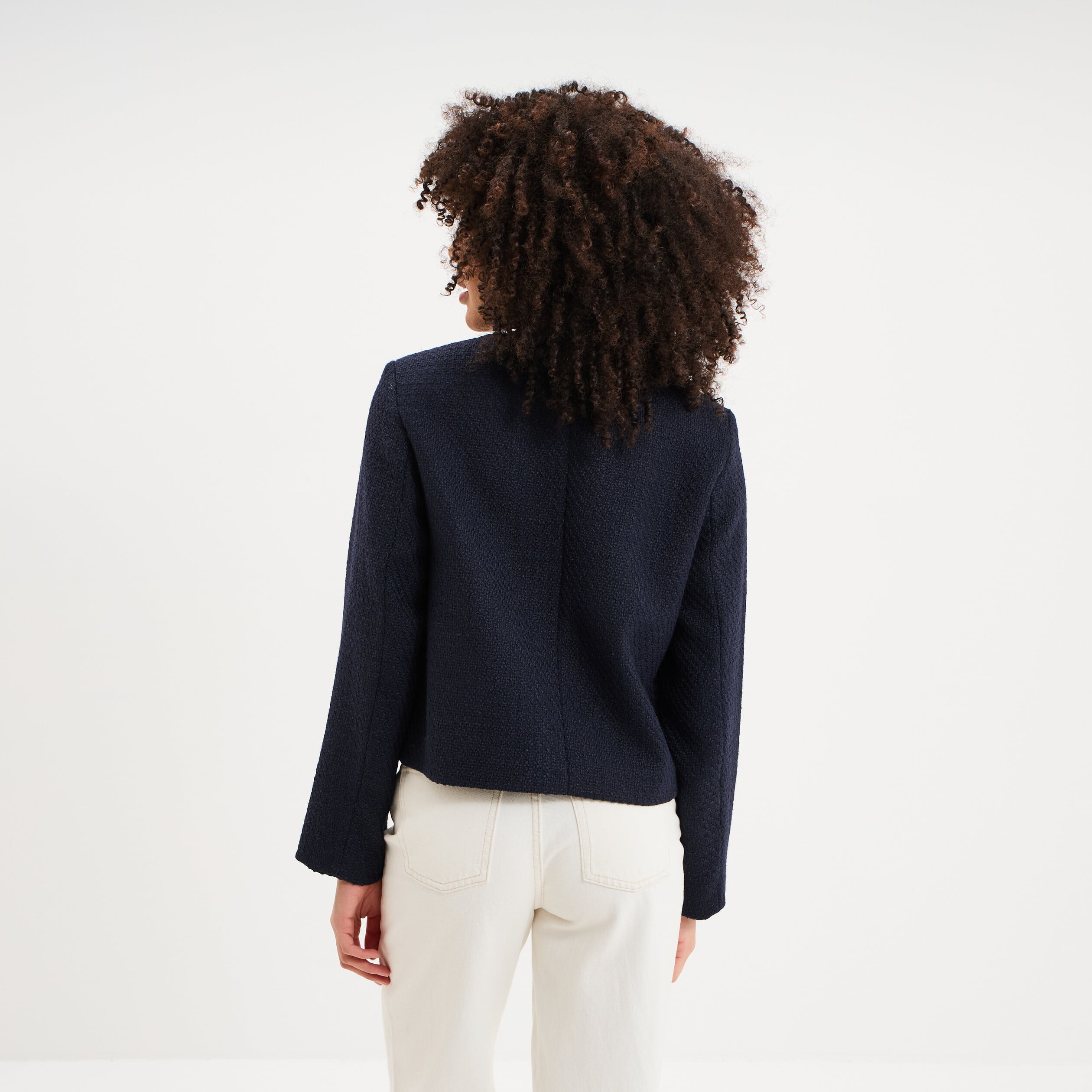 Veste effet tweed boutonn&eacute;e bleu fonc&eacute; femme
