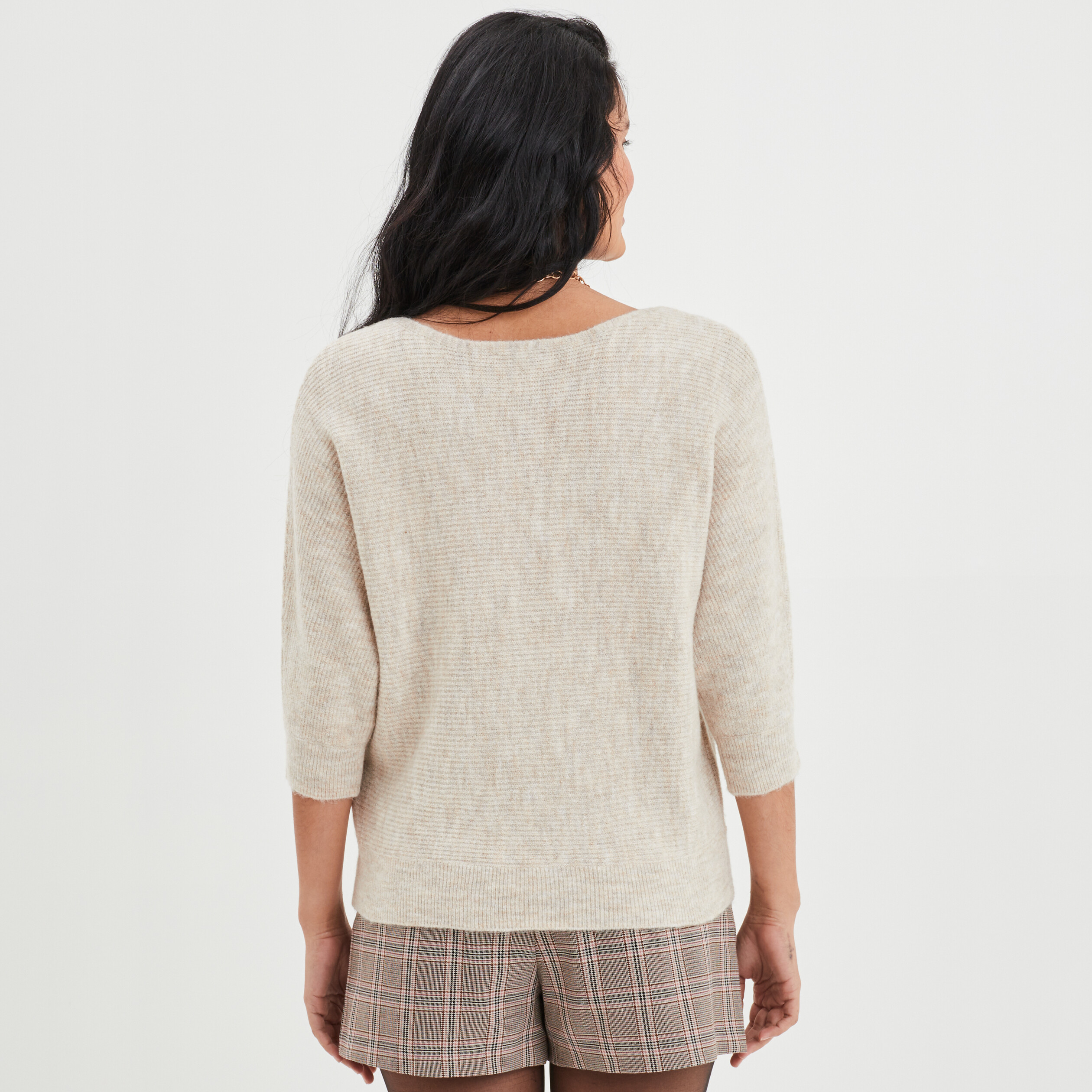 Pull manches 3/4 chauve-souris beige femme