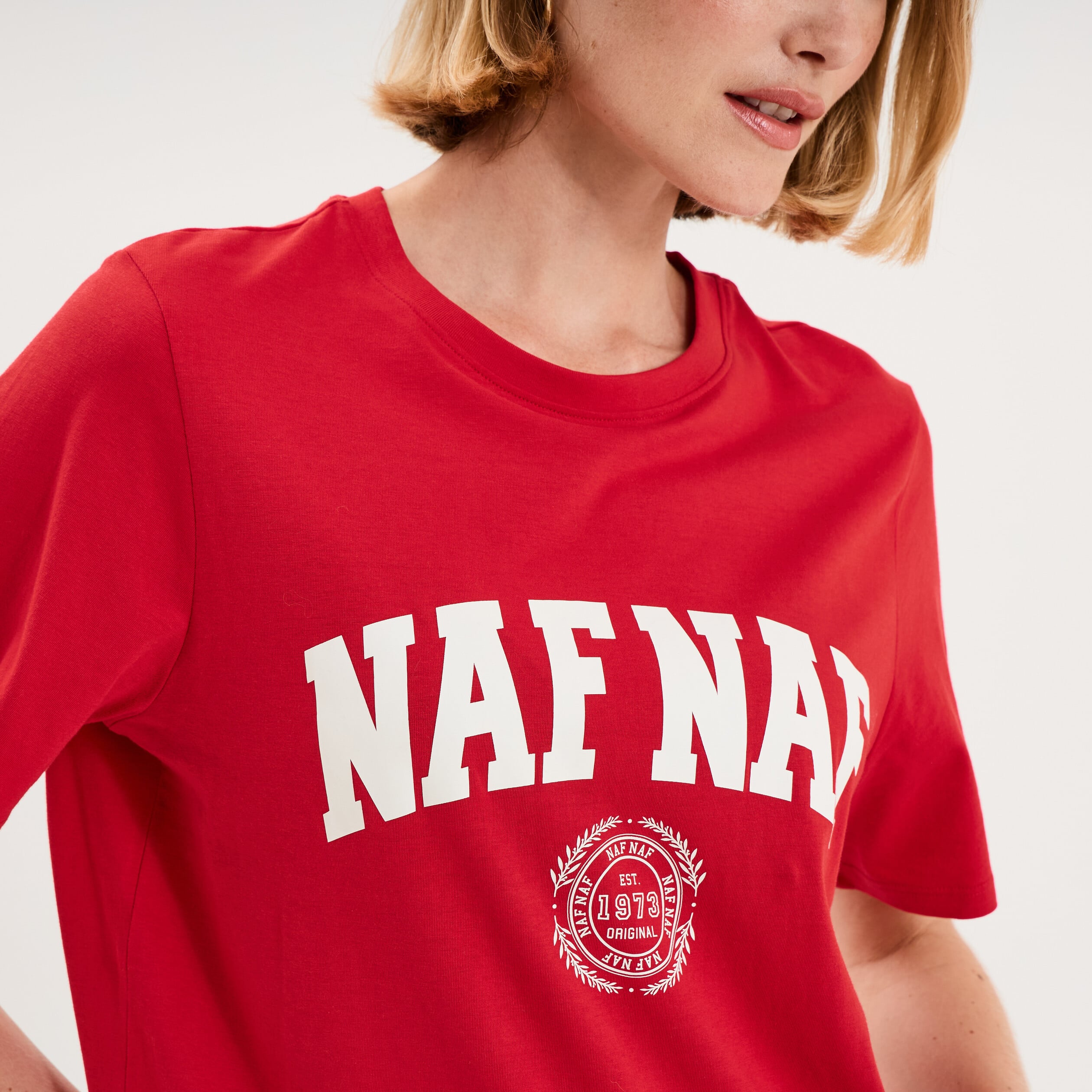 T-shirt col rond manches courtes print rouge femme