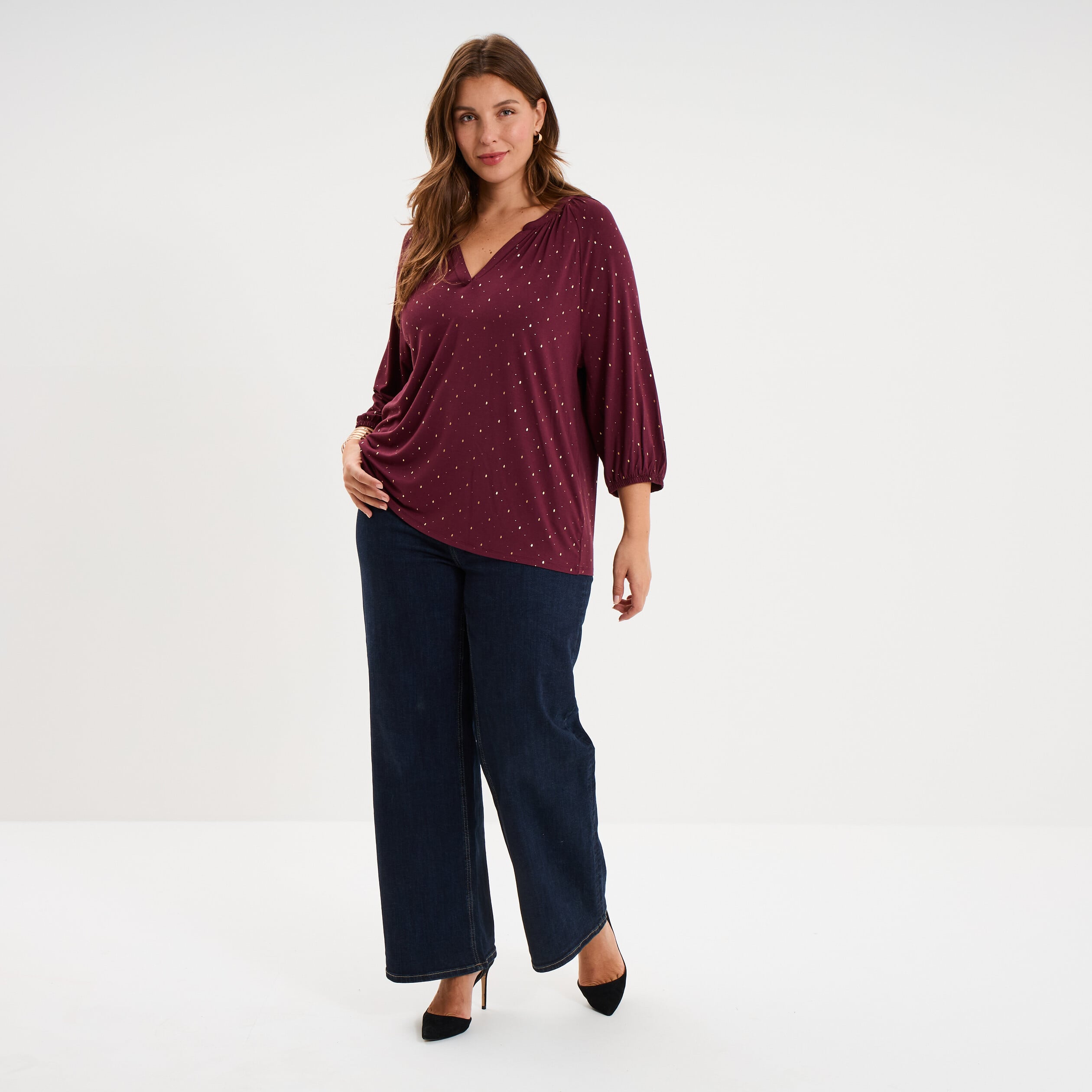 Blouse manches 3/4 et col tunisien bordeaux femme grande taille