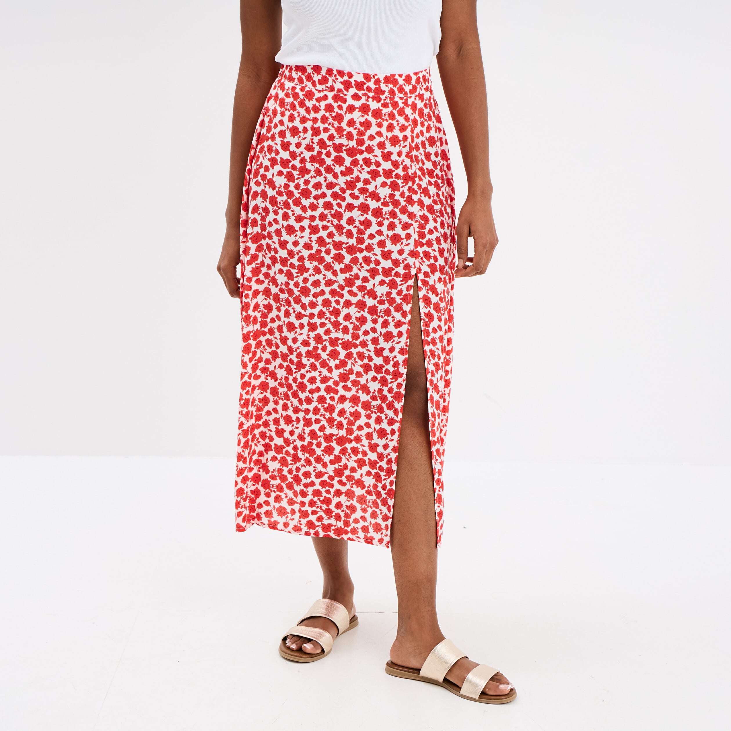 Jupe longue fendue fluide rouge femme