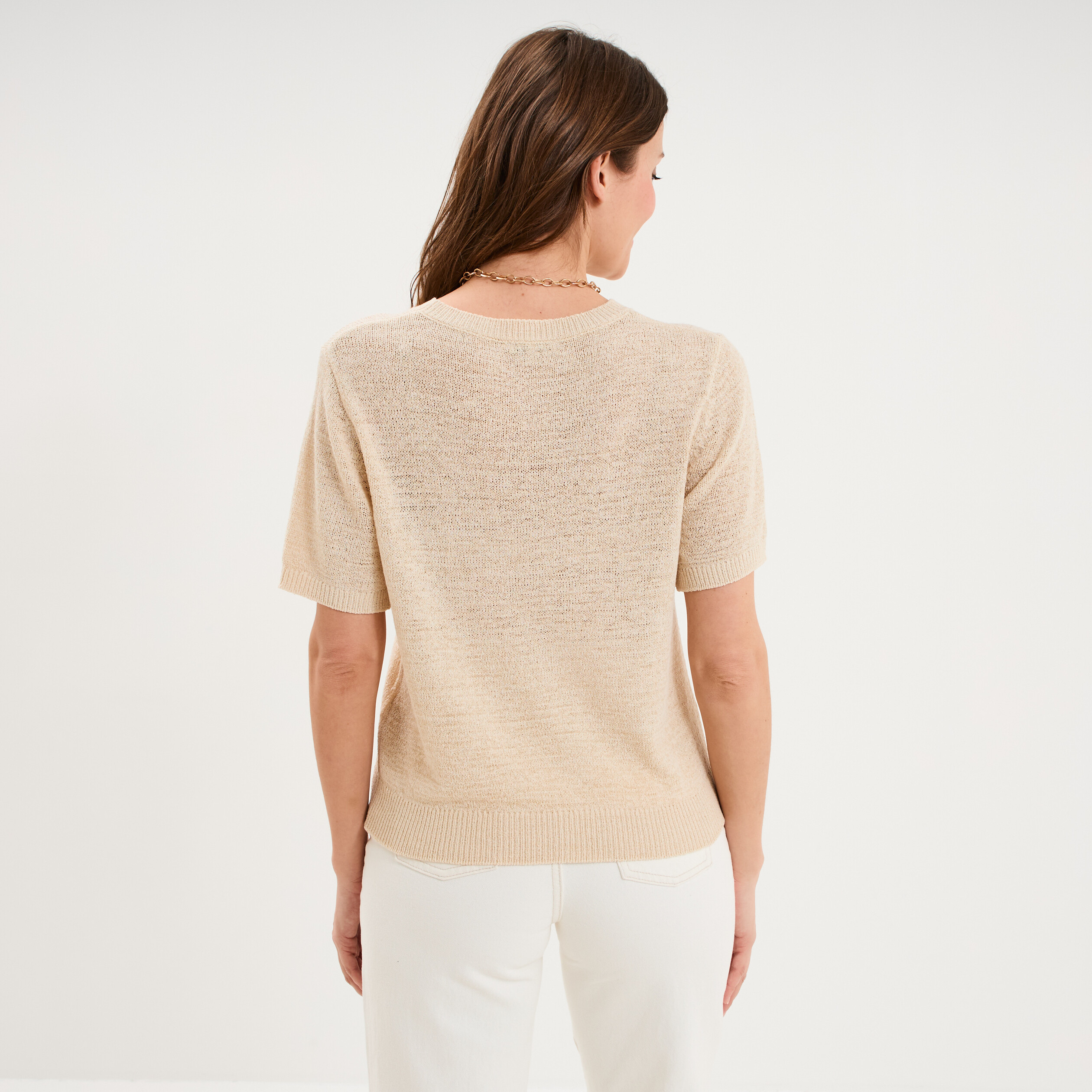 Pull manches courtes col rond beige femme