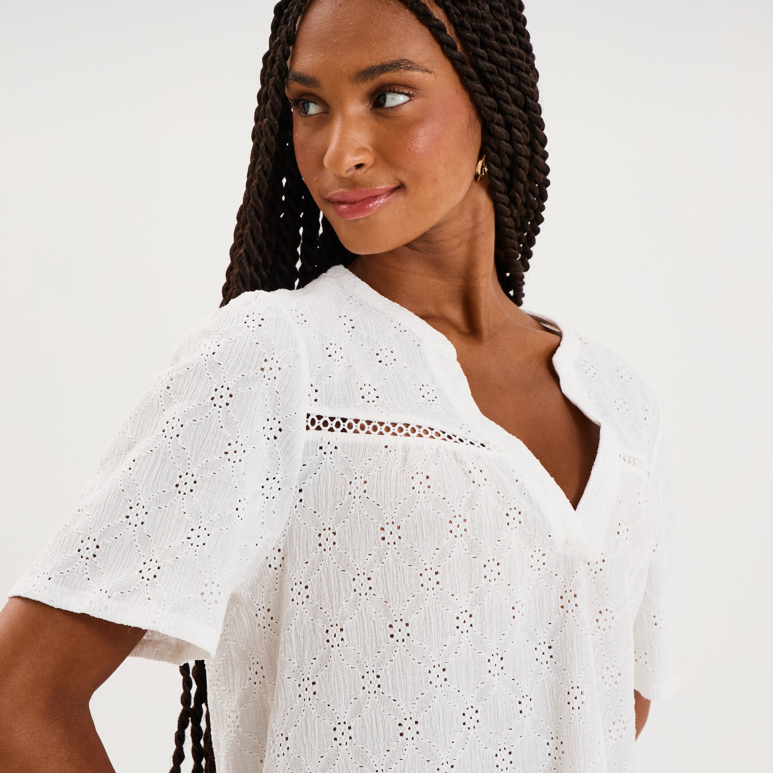 Blouse broderie anglaise manches courtes blanc femme