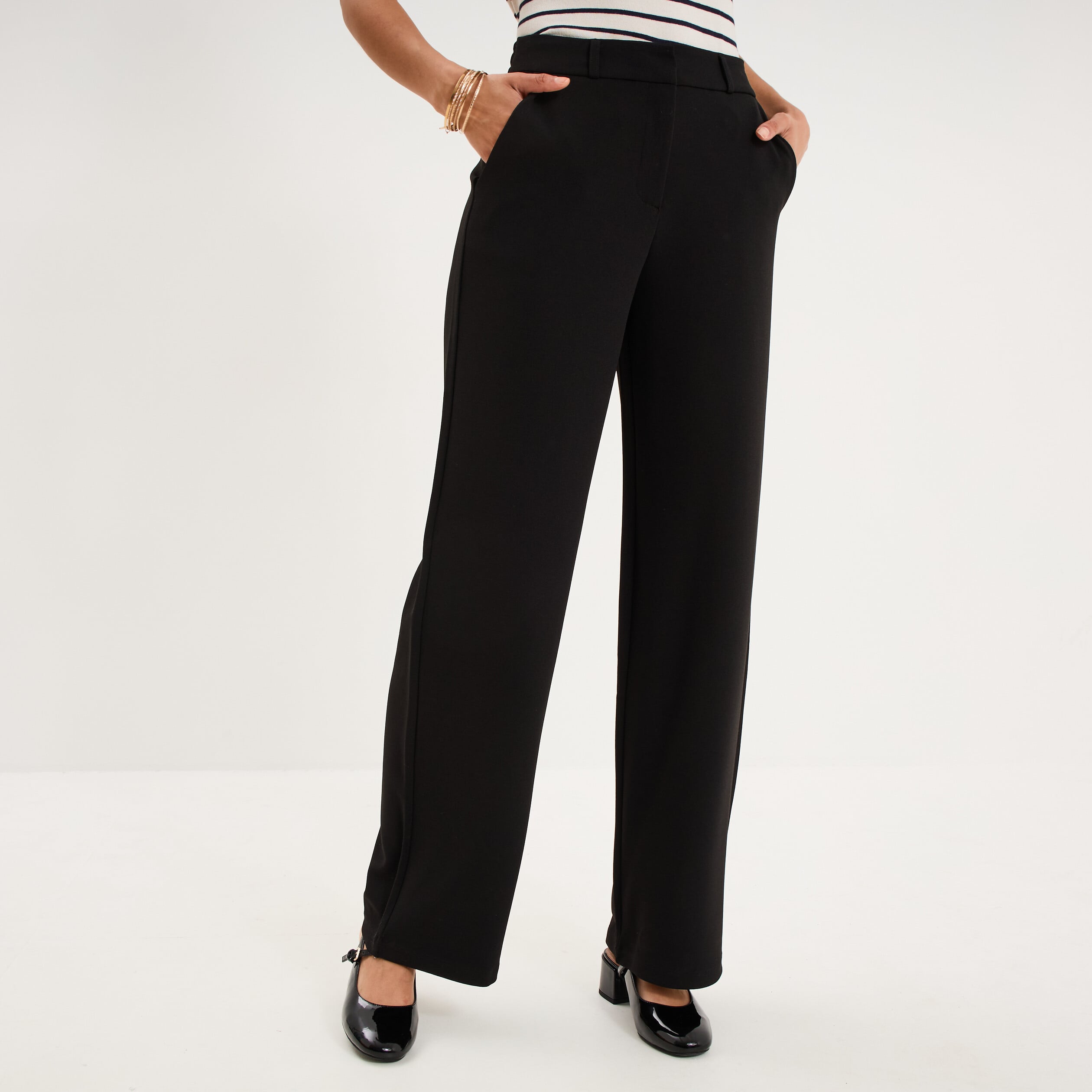 Pantalon effet cr&ecirc;pe large noir femme