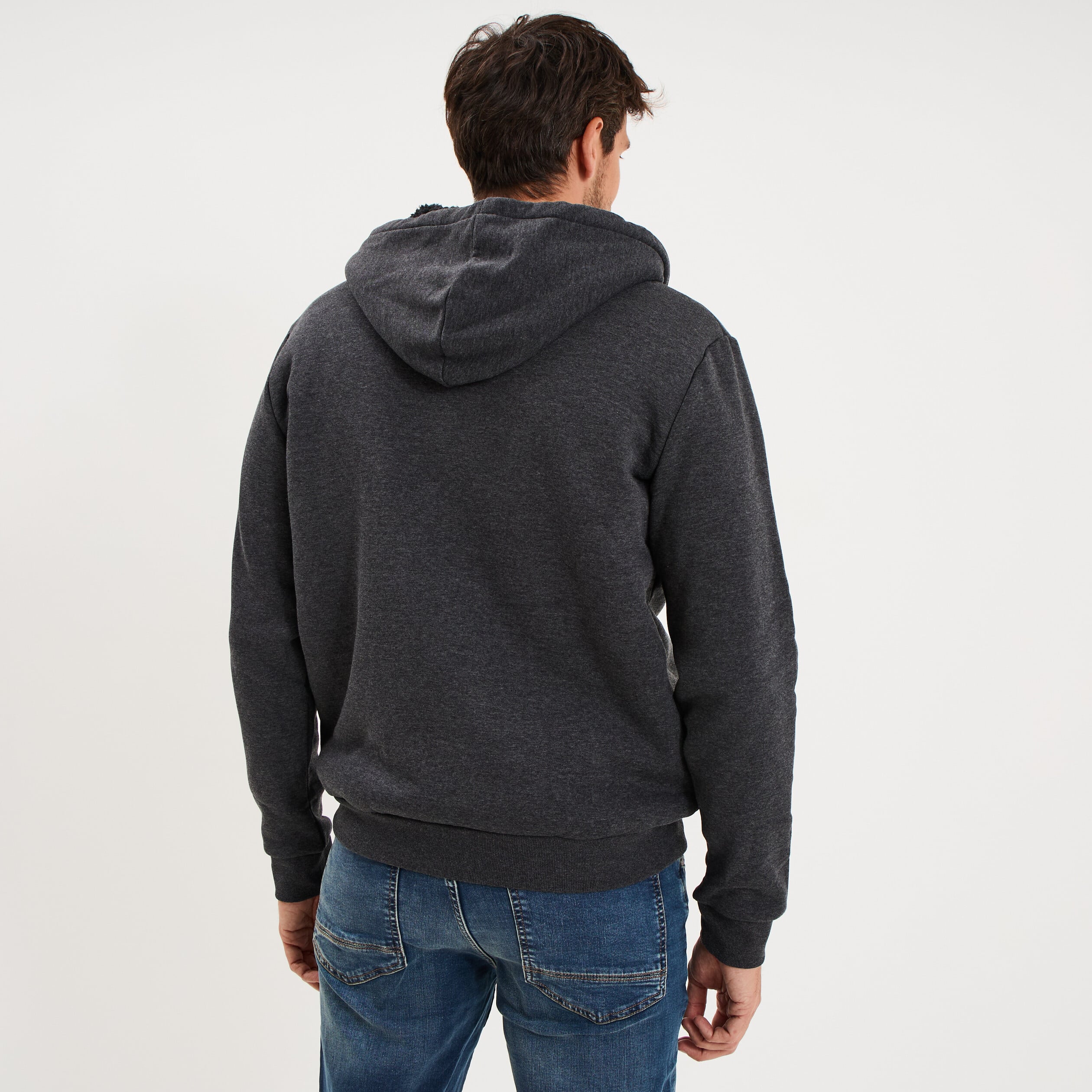 Sweat zipp&eacute; doublure effet sherpa gris fonc&eacute; homme