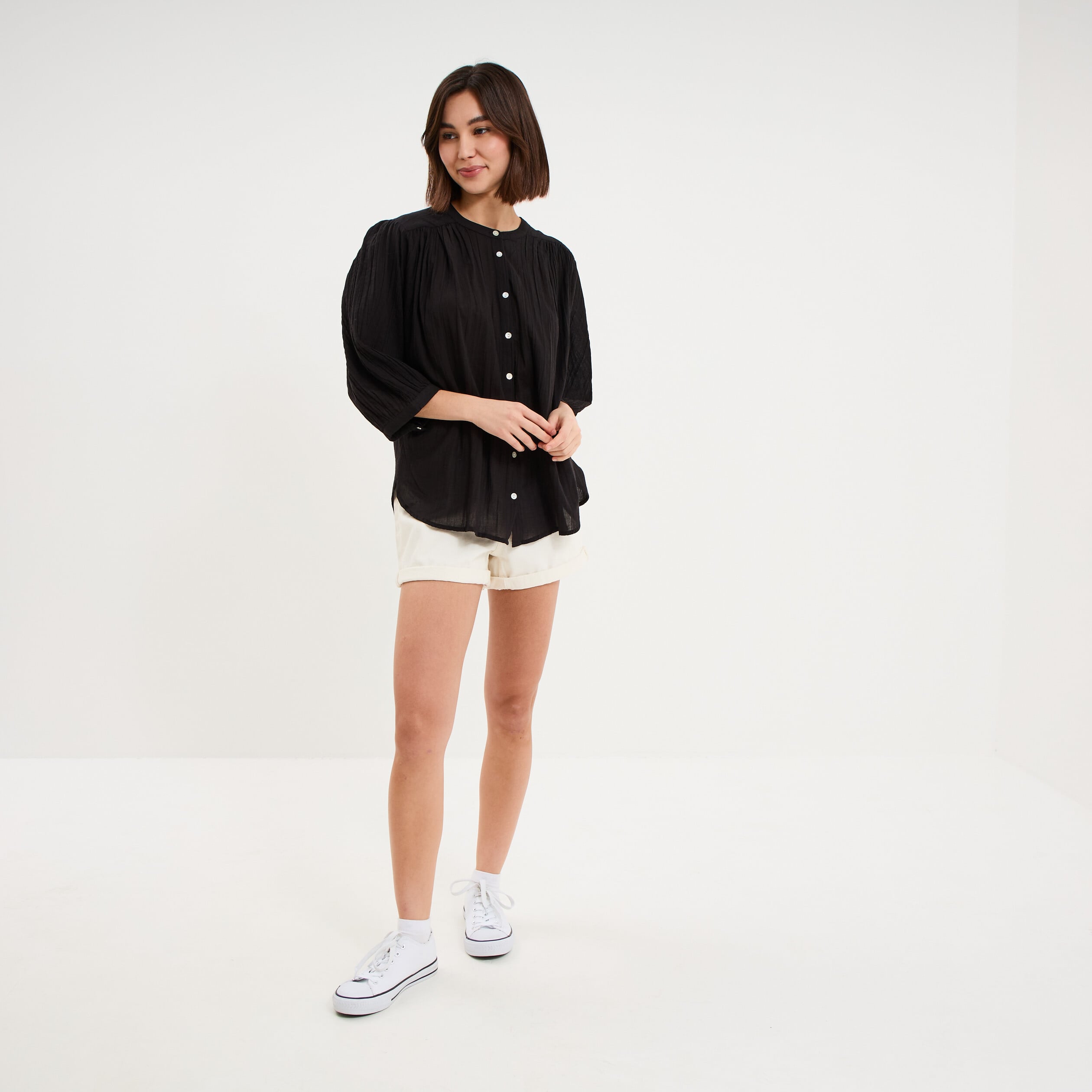 Blouse fluide oversize manches 3/4 coton noir femme